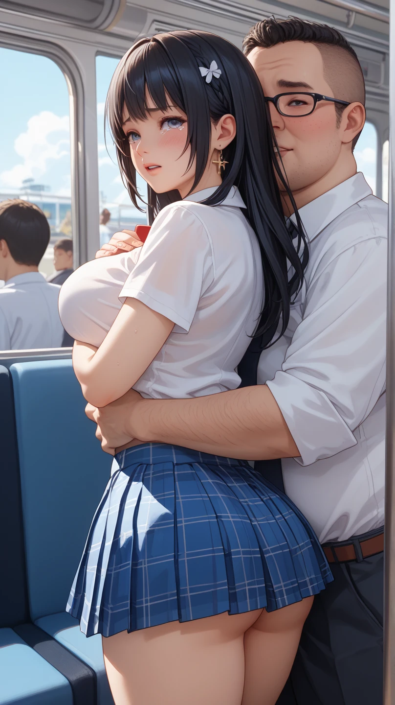best quality,1girl,1man,((big breasts:1.5)),((((((10歳,loli:1.5)))))),curvy,((orgasm,blush,saliva,saliva trail,sweat:1.1)),blue eyes,((black hair,short hair,twintail,wavy hair,messy hair,volumey hair:1.3)),blue ribbon,hair ribbon,((white tank top,layered skirt,blue skirt,mini skirt,lift skirt,upskirt,lace panties,white panties,white kneehighs:1.1)),((see through,train:1.1)),Standing,French Kiss,hug,((man in suit:1.3))
