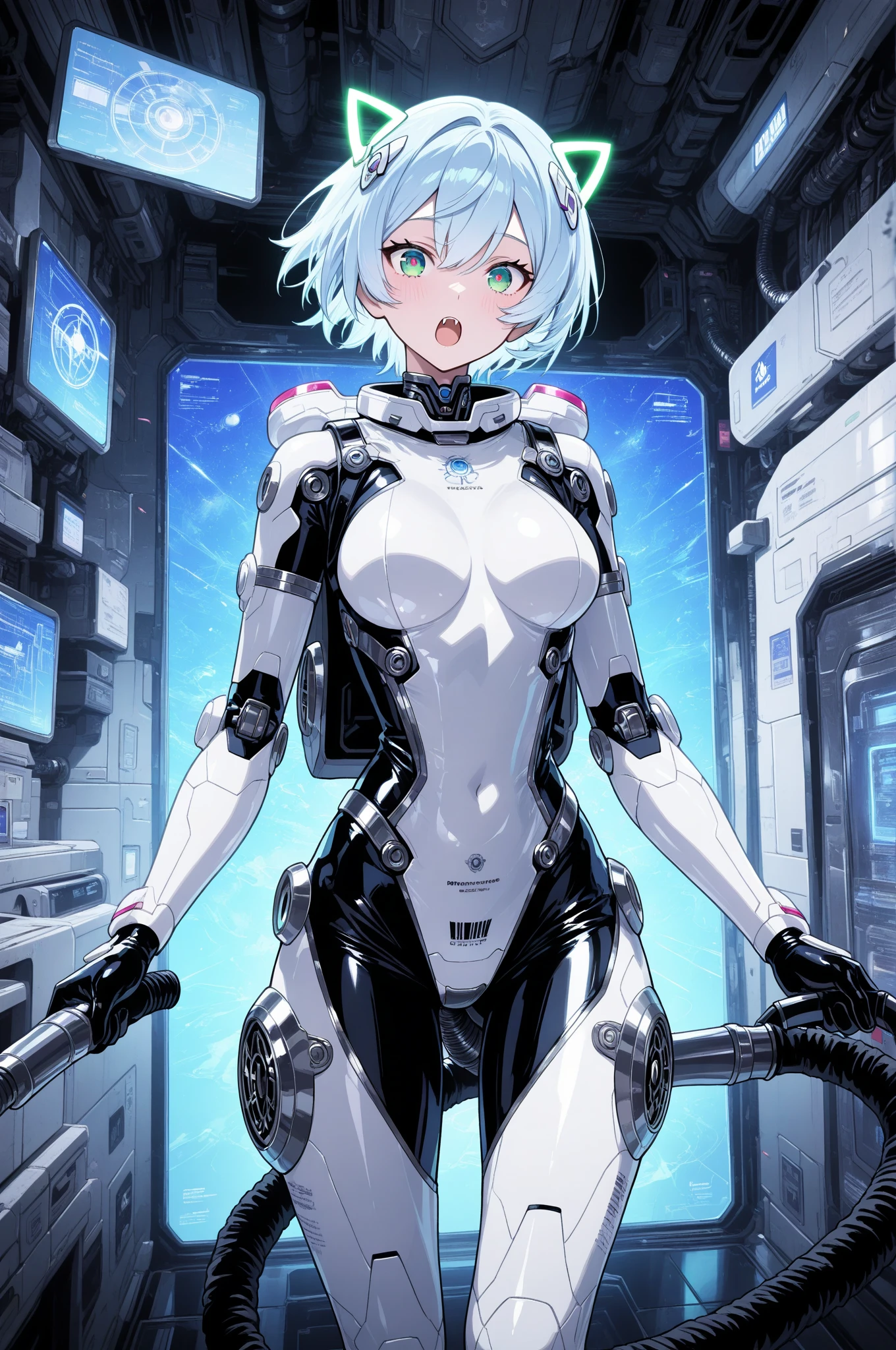 breasts, 1girl, rating:safe, blue eyes, cleavage, cyborg, mechanical arms, robot joints, joints, headphones, armor, short hair, gun, silver hair, weapon, prosthesis, android, large breasts, prosthetic arm, sitting, looking at viewer, headset, solo, white hair, mechanical parts, shoulder armor