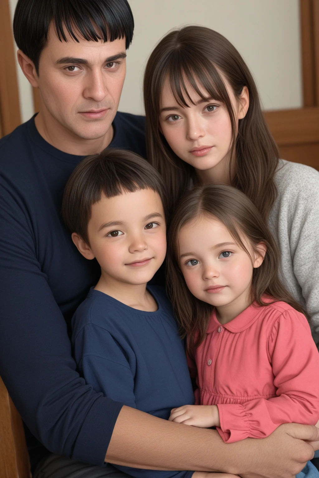 portrait of a happy family on sofa, old house, boy 7 years, girl 10 years, photo, realistic, smooth face, perfect eyes, wide angle, sharp focus, 8 k high definition, insanely detailed, intricate, elegant, beautiful, hd, dream, ultra wide angle, hyper-realism, hyper detailed