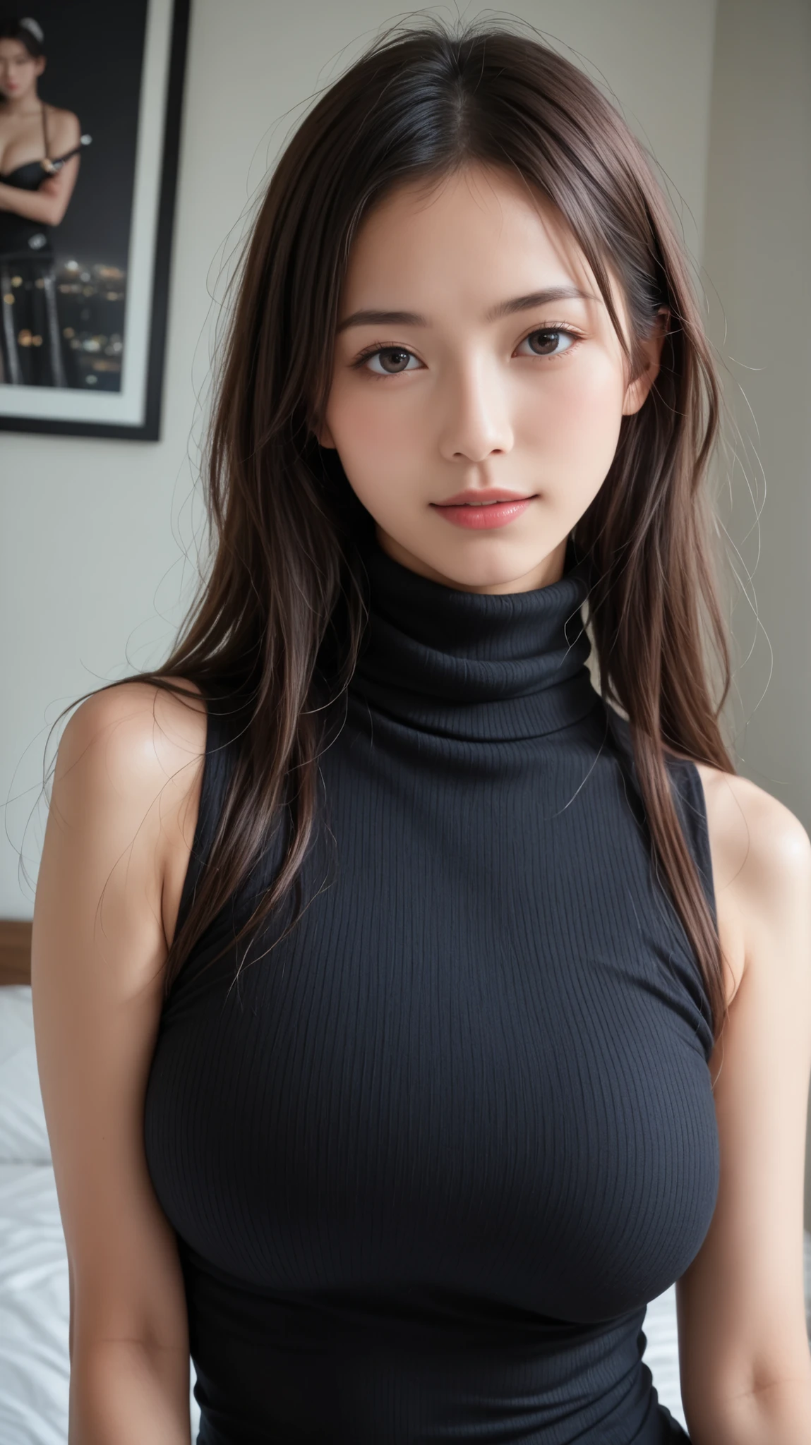 ((masterpiece,  top quality,  最HIGH DEFINITIONのKiによる撮影,  HIGH DEFINITION ,  photorealistic,  raw photos , Extremely Detailed CG-Integrated 8K Wallpaper)),  1 girl , Alone,  BEAUTIFUL YOUNG WOMAN, realistic feel ,  big boobs、on the bed,  ((( turtleneck ,  , sleeveless,  perfect body, 天然big ,  Slightly Proud Expression  ,  upper body))),panties、Beautiful Thighs、Tight it on the bed、Opening