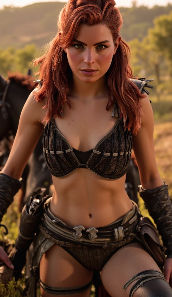 Red Sonja, muscle Woman Warrior, posing standing, ready for battle, (fierce gaze: Intense), flowing red hair, chain mail armor, beautiful detailed eyes, beautiful detailed lips, strong and confident posture, (Background: forest landscape ),(art style:fantasy realism:1.1),(intense colors:1.2),(leather textures:1.1),(ultra-detailed: 1.2),(sharp focus),(high resolution),(physically based rendering),(vibrant colors),(bokeh), ((back view))