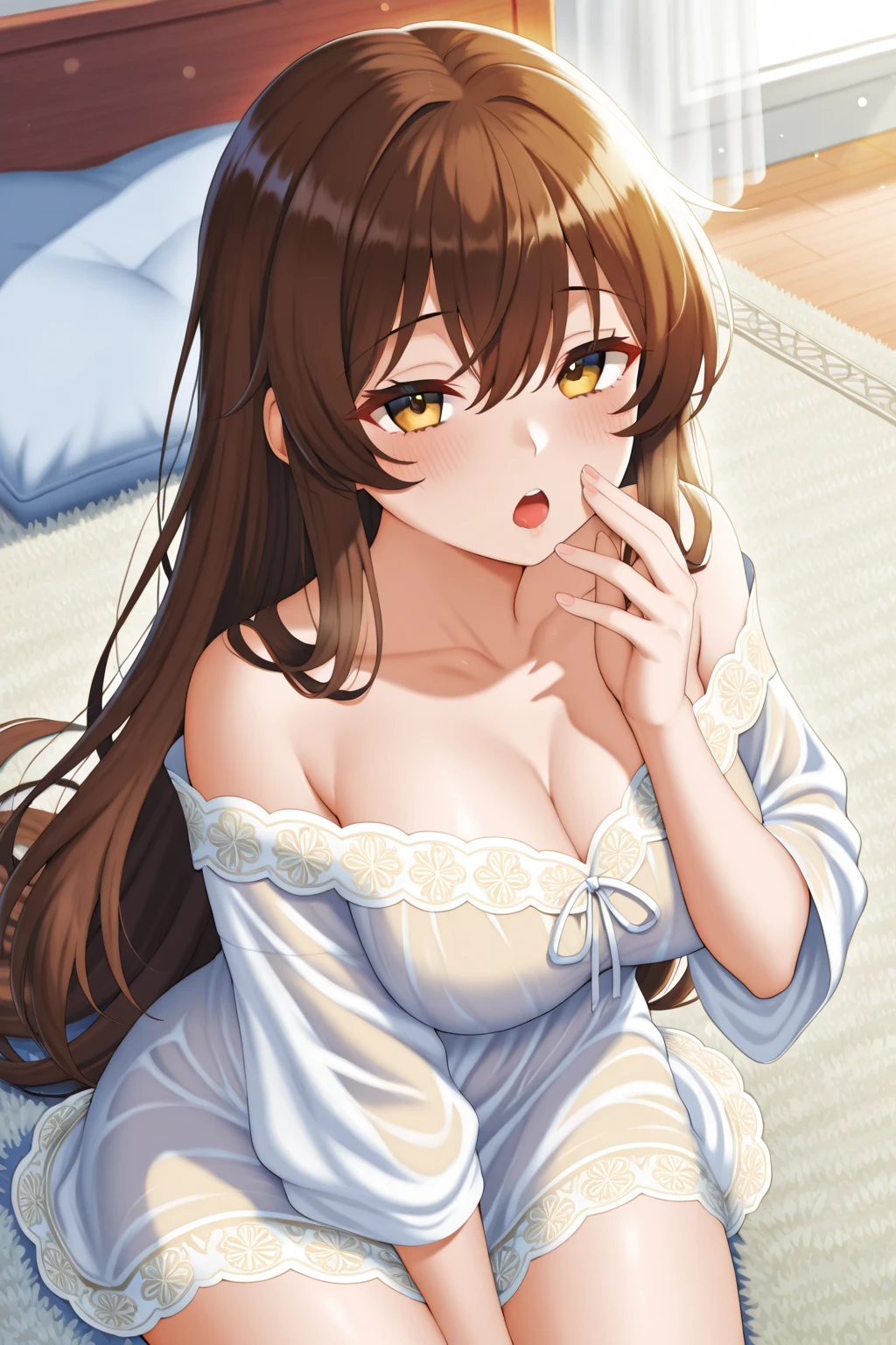 Highest quality, Soft Light, Ultra-high resolution,People Girls, alone, sexy, (A shy smile:0.5), (Brown eyes, Light in your eyes), Beautiful face in every detail,(High resolution detail of human skin texture), (Long Hair), break, bed,bra,(Fellatio gestures:1.3), (Open your mouth:1.2),Stretching out the tongue,skirt,whole body,
