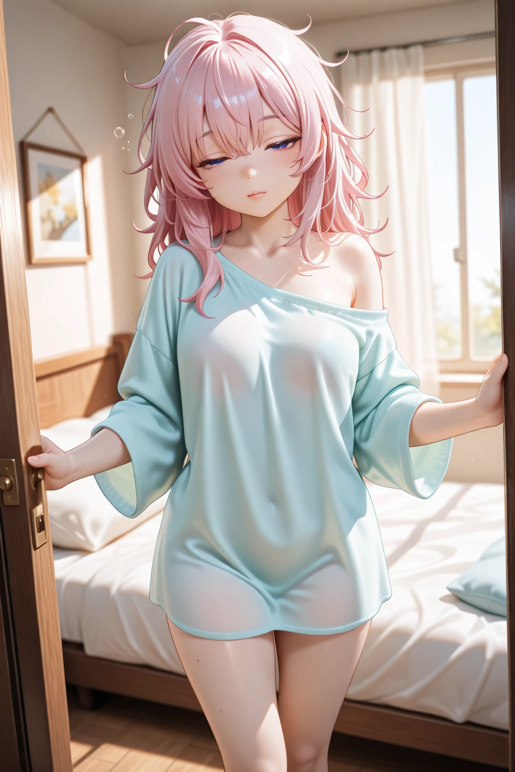 Hot Springs Inn、Super detailed、Particles of light:0.5、Shiny and smooth skin texture、Beautiful Eyes、dorsal position、Mouth half open、Natural Texture、Mature slender beauty、Belly button、Slouch at the middle waist、Showing the groin、Meteora - Re:CREATORS (Re:Creators)、Pink nipples、Red lipstick、Pink Yukata、Lying on your back on the futon