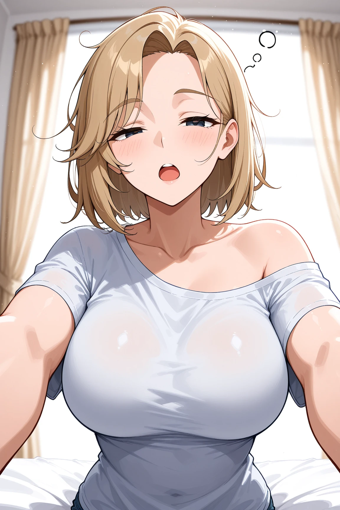 pov, front view, upper body, too slender, big boob lick penis, lying on back, big boob, small face, brown short hair, black shirt, blush, paizuri, sad, stick long tongue out, lift up, stare at viewer, no extra arms and hands
