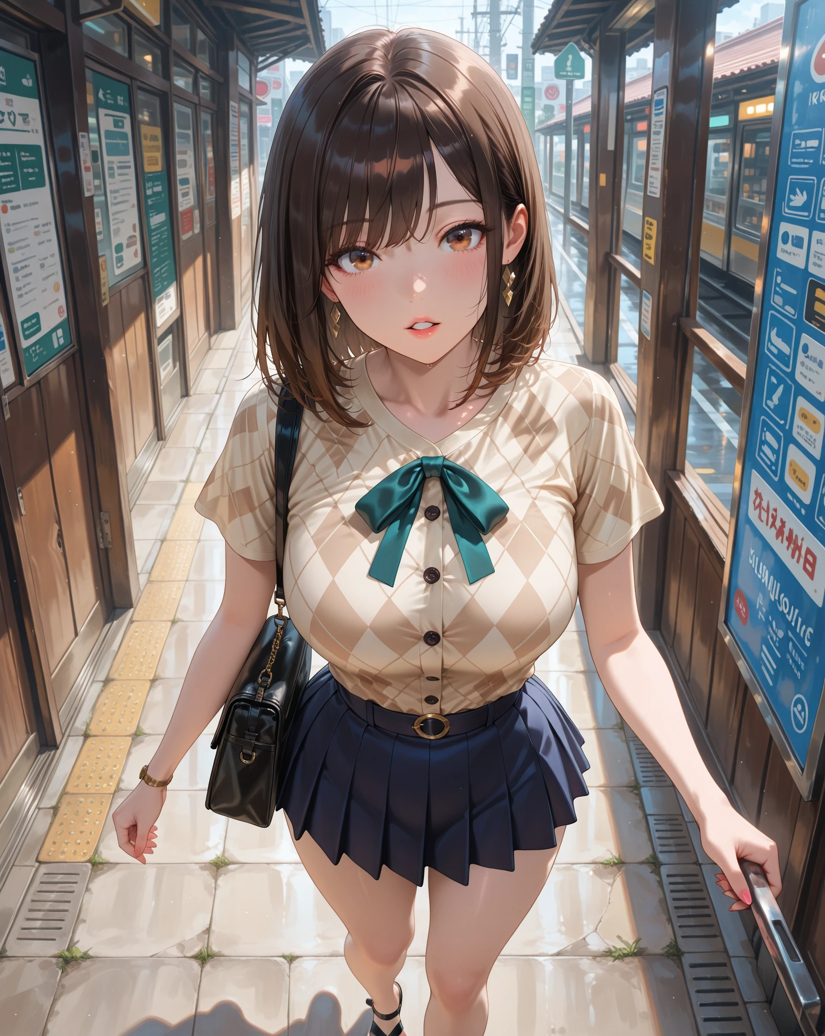 (((medium breasts))), ((best quality)), ((masterpiece)), (detailed), (((perfect face))), (((slender 16yo teen girl))), ((((topless)))) (((dark blue pleated skirt from waist to thighs))), ((((brown hair)))), ((French braid)), ((shy:1.3)), ((blushing:1.5)), ((skinny hips)), (((standing at city bus stop))), ((((girl looking away)))), (((bare arms))), (((bare shoulders))), (((bare stomach))), (((skinny thighs)))