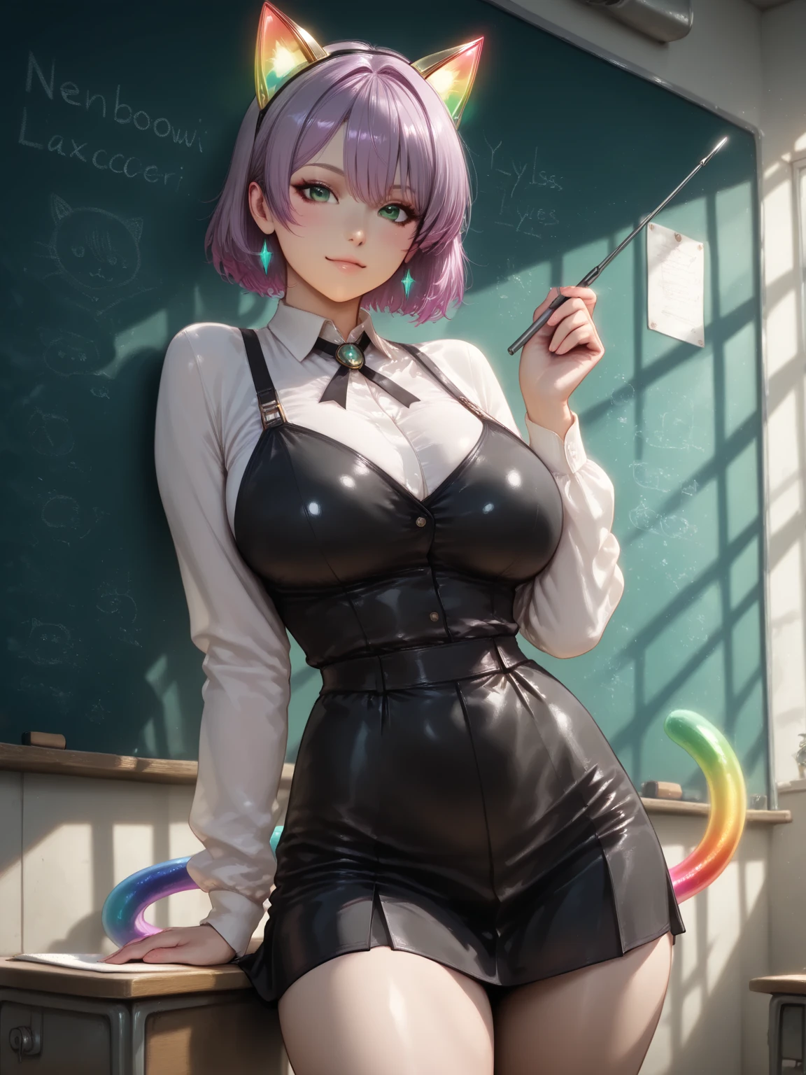 1 girl, a high resolution, short hair, Smile, animal ears, hair ornament, purple eyes, Cat's ears, high detail, textured leather, Breasts, Smirk, Stick out tongue, saliva, Drooling, Widescreen format, Widescreen format, Glasses, Backlight, photorealism, Realism, Stick out tongue, Stick out tongue, Stick out tongue, Stick out tongue, Stick out tongue, 
