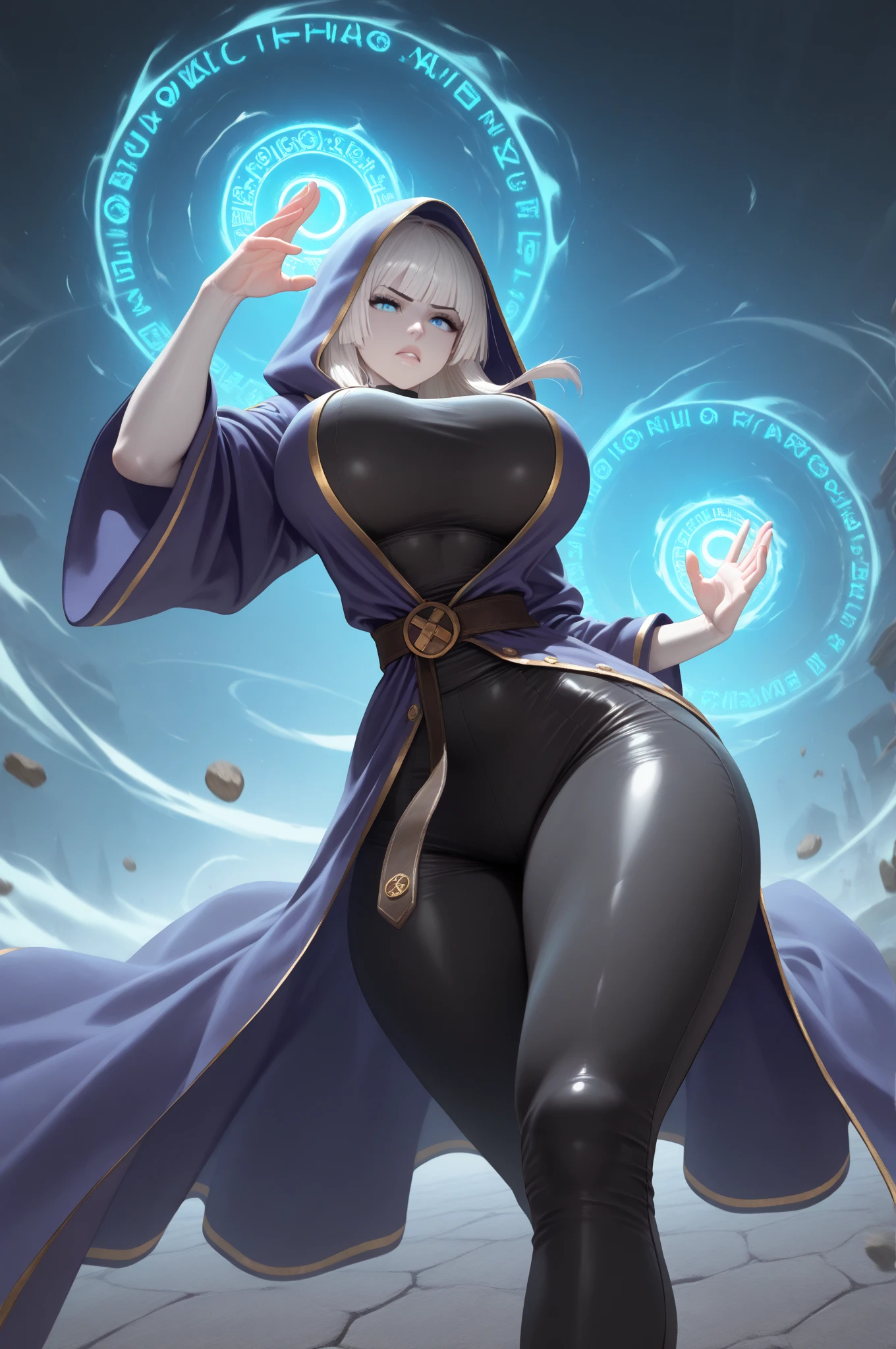 (masterpiece, best quality, perfect face, beautiful and aesthetic:1.2, dynamic angle, highest detailed face), (beautiful female elf witch, long messy hair, (silver hair:1.3), (purple eyes:1.2), huge breasts, narrow waist, perfect fit body), shapely butt, (thicc tights:1.1), (flawless porcelain skin:1.8, paleskin:1.4), (inside dark desolated cave), (blue purple theme:1.2), glowing, (blue aura:1.2), (blue magic energy swirling around:1.4), floating hair, telekinesis, blue energy magic swirling around, (extremely detailed eyes), detailed skin, skin pores, ((very revealing robes)), enchanting gaze, full body portrait, cinematic lighting, darkness, dark scene, (dim light), mute lighting, dimly lit, looking at viewer, seductivepose:1.4, full shot, (solo:1.4), (high quality, CG, 4k, extremely detailed, hyper realism, dramatic light, sharp, HDR)