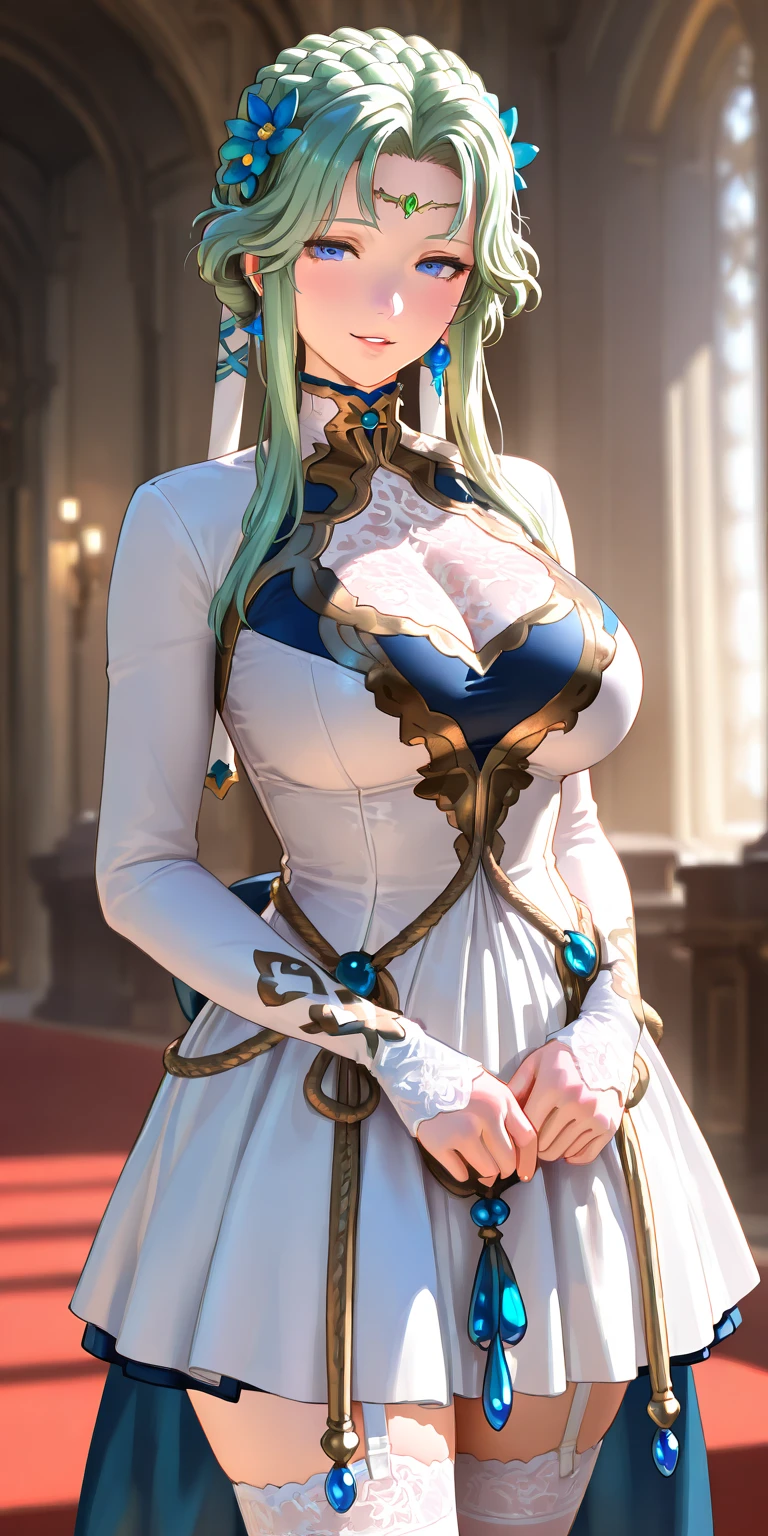 masterpiece, best quality, full body, barefoot, solo, female, big breast, feforrest, beret, pink capelet, pink tunic, white pants, brown gloves, upper body, looking at viewer, shy, from above, mansion, room, finely decorated room, pink theme, big breast but cover, hands to hip