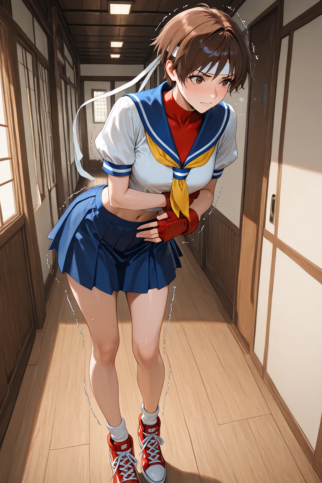 (((megami magazine))),(​masterpiece)), ((top-quality)), (The ultra-detailliert), ((kawaii)), cute little, (Wonderful), ((ighly detailed)), 4K、 (8K), top-quality, (Beautiful fece),(((World-class quality))), ighly detailed, hight resolution,(((独奏)))、(((short bob hair with brown hair)))、(((small bangs)))、(((almost no bangs))).((((put out one's forehead)))).((((Bangs parted in the middle))))、(((Brown hair))).(((On the red bed)))、(((Detailed depiction of the thigh))),((Composition seen from above)))、(((a sailor suit)))、(((Pink ruffled panties)))、(((Detailed depiction of clothing)))、(((Banknotes scattered on the bed)))、(((Detailed crotch depiction)))、(((Open your crotch)))、(((White liquid dripping))).(((A slight smil)))、(((red blush)))、(((Detailed depiction of panties)))、(((Beautiful body lines))).(((slightly larger udder)))、((Crab crotch)),Sleep on your back、raise her legs、((Dark blue skirt)).((Twisting the skirt)),((tired expression)).((Putting out the chest)).((Clothes scattered on the bed are falling))、((Upper body naked)),((Looking down))、((Composition looking up from below))