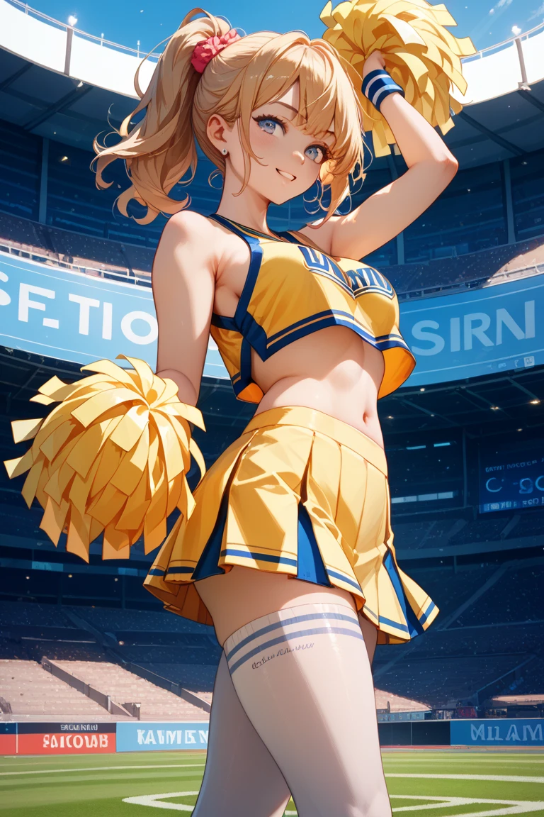 ((1 female)), charm, sexy, Mature Body, manly, Small Ass, joy, Excited, Sweat, Cheerleader, Beautiful and beautiful eyes, Beautiful lip detail, Highly detailed eyes and face, Long eyelashes, Calm expression, ((Full body image:1.2)) Soft lighting, Open atmosphere, Stadium, Sweatを流して.