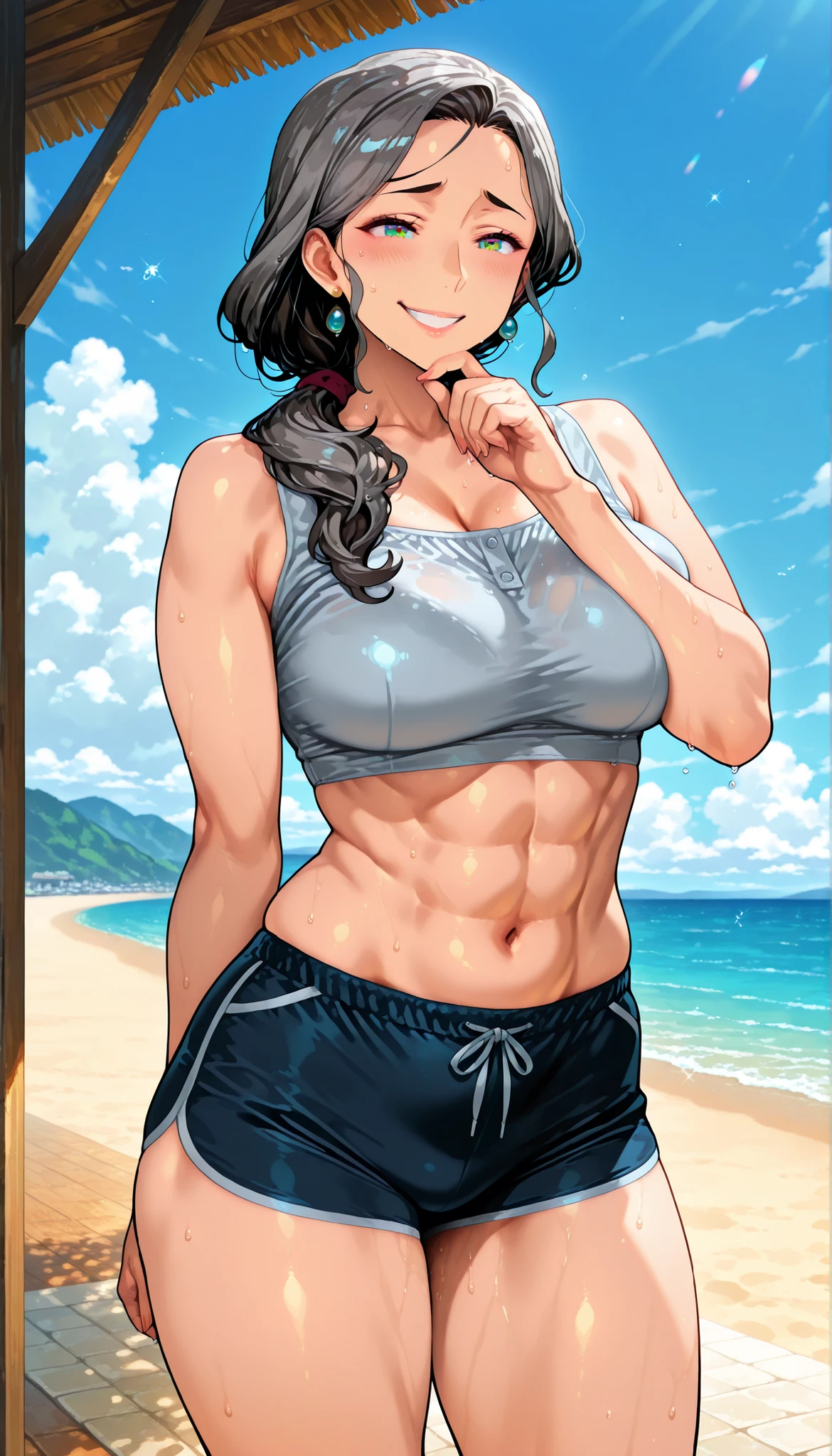 1girl, solo, Mom, Mature Woman,tall woman outdoors at the seaside, Tall Mom, tall woman outdoors at the seaside, Hot Mom, Beautiful housewife, Mom, Mature Woman Ready To Sex, Cold and reserved attitude, Confident、Calm atmosphere, Elegant Presence, Looks like a queen, Looks Like A Hot Lady Mom, feminine yet slightly athletic erotic body, plump, curvy but toned, Subtle Abs , wide hips, purged thighs, Round and plump ass, Soft Light Ivory Skin, Ultra High Resolutionの詳細, cinematic lighting, soft ambient light, correct, Super Detailed, textured skin, MESH FILM, Ultra High Resolution, Extremely long wavy layered hair, gray hair, closed mouth, Blue sea eyes, Sweat droplets, Wet Hair, Tees+Shorts, Lustful Eyes, stand, place your hand on your chin , Grin, Super Detailed Body, Super Detailed Face, Super Detailed Hair, Super Detailed Hand, Super Detailed Finger, Super Detailed Eyes, Super Detailed All, blurry simple background, throw, Front Map, LONG FULL SHOT