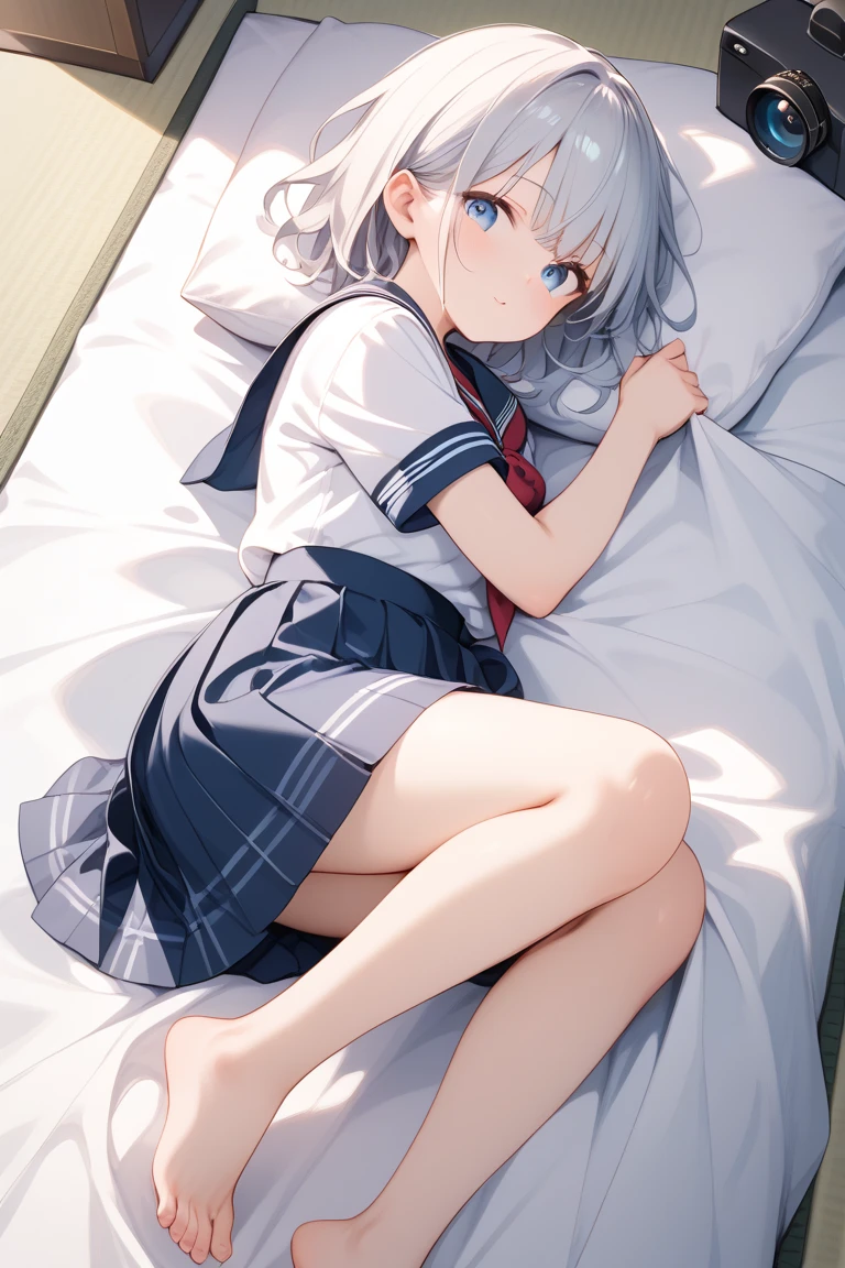 (masterpiece, best quality:1.5), (ultra detailed, high resolution, 8k, beautiful detailed, UHD, best anatomy), white hair, small breasts, 1 junior high school girl, barefoot, bed room, night, flared skirt, short-sleeve shirt, Red thin tie, closed eyes, put one's head on a pillow, Lying on the bed, side angle