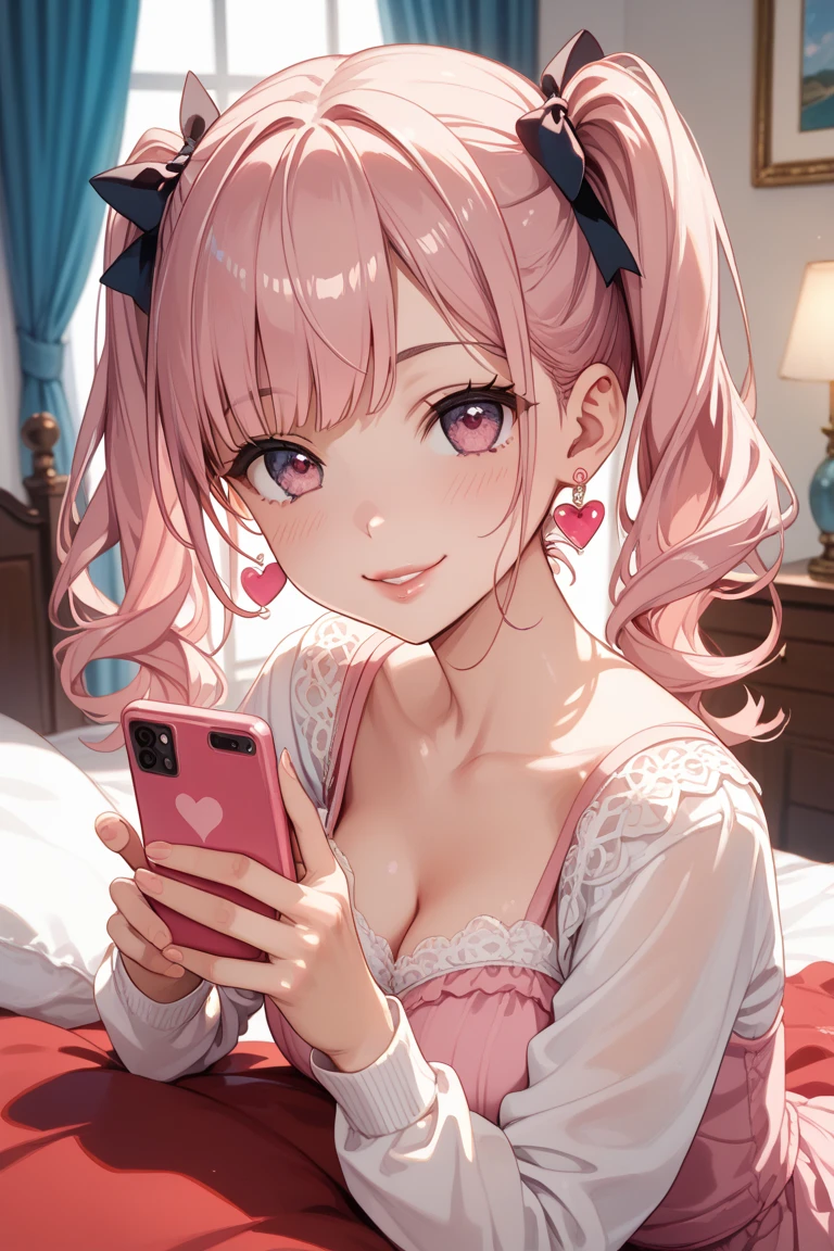 masterpiece, beautiful detail, beautiful light and shadow, 1girl, steaming body, sweaty body, pink-white hair, phone in hand, clothing store, daylight, blurred background