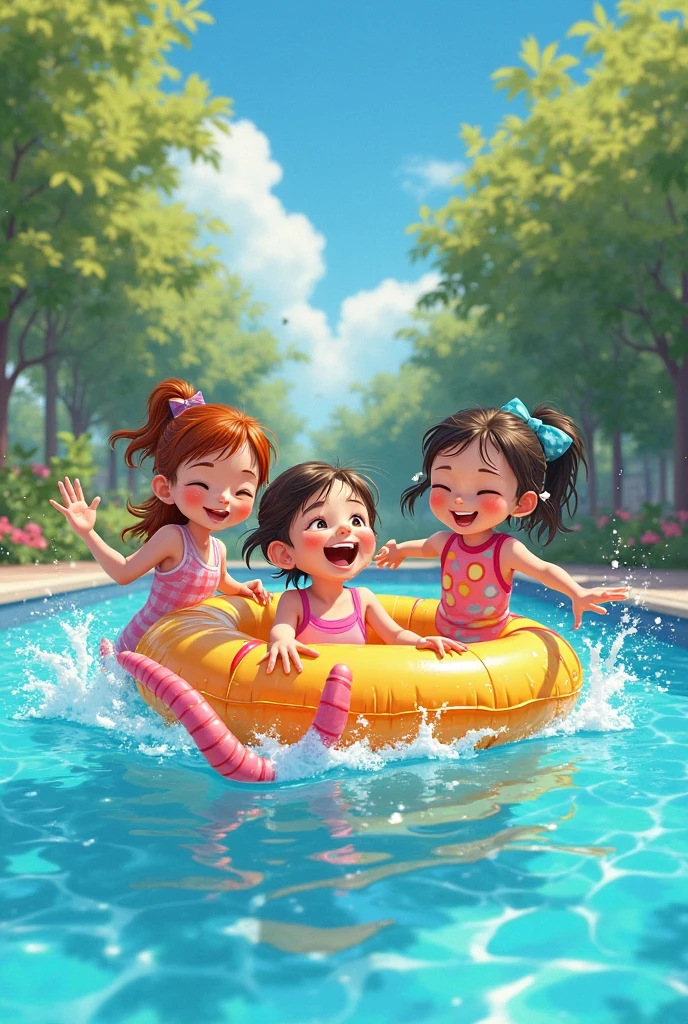 Highest quality, Ultra-high resolution, 8k, RAW Photos ,Cute Japanese, Baby Face、group、((Have fun on the water slide))、A refreshing smile、Cute Swimsuits