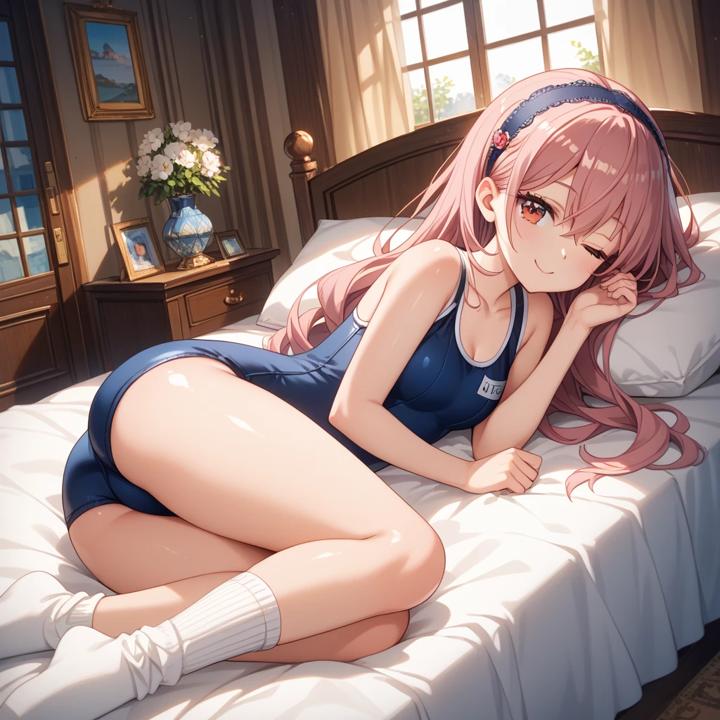 Loli Openlegs Full Body Slim Reclining on the side of the bed Slightly open legs