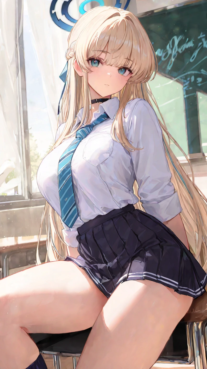 a sexy anime woman that is nude posing on a bench with her butt visible, 1girl, kitagawa marin, blonde hair, solo, breasts, skirt, underwear, jewelry, panties, earrings, necktie, long hair, black panties, , shirt, white shirt, looking at viewer, choker, sitting, large breasts, plaid skirt, outdoors, bangs, blue skirt, plaid, red eyes