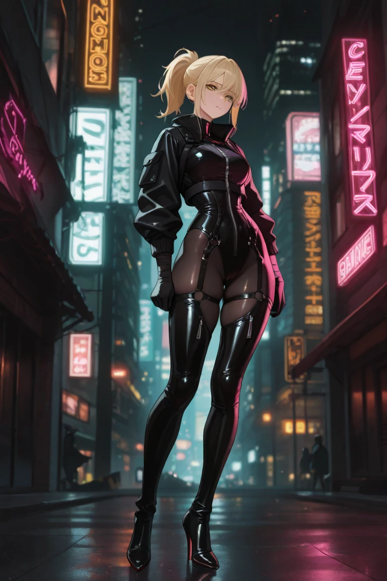 Perfect body, Blonde beauty, Bewitching makeup, masterpiece, Highest quality, Streetwalker, night, Street lamp, City alley, Very shiny skin, Big Tits, Image from crotch up, from the front
