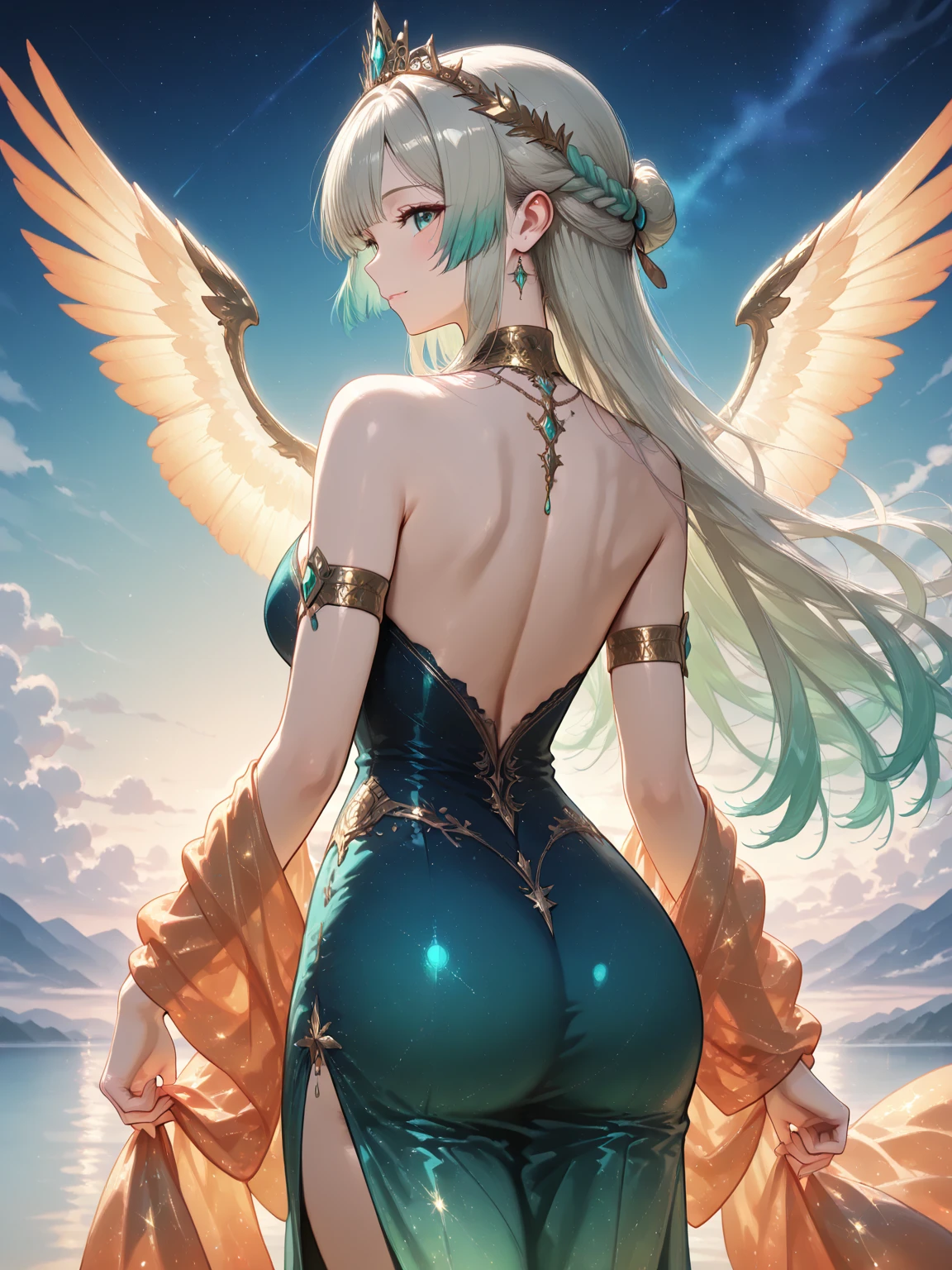 (a masterpiece of,top Quority,Best Quority,offcial art,Beauty and aesthetics:1.2),(1girl huge large breasts:1.3),abundantly detailed,(s fractal art:1.2),green colors,比基尼,an overweight,Most detailed,bare footed,(dynamicpose) , (shiny skins), (many color:1.4),City by the sea。