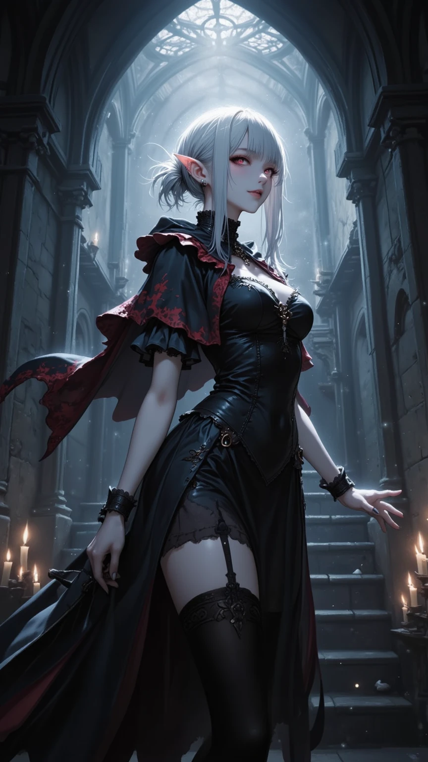 (ruined city), girl and grim reaper, black scythe, robe, absurdres, RAW photo, extremely delicate and beautiful, masterpiece, Best Quality, ultra high resolution, 32k, hyperrealistic, ultra-detailed, detailed description, pale skin, 20 years old, tearful mole, earring, short medium hair, wavy hair, whole body shot,