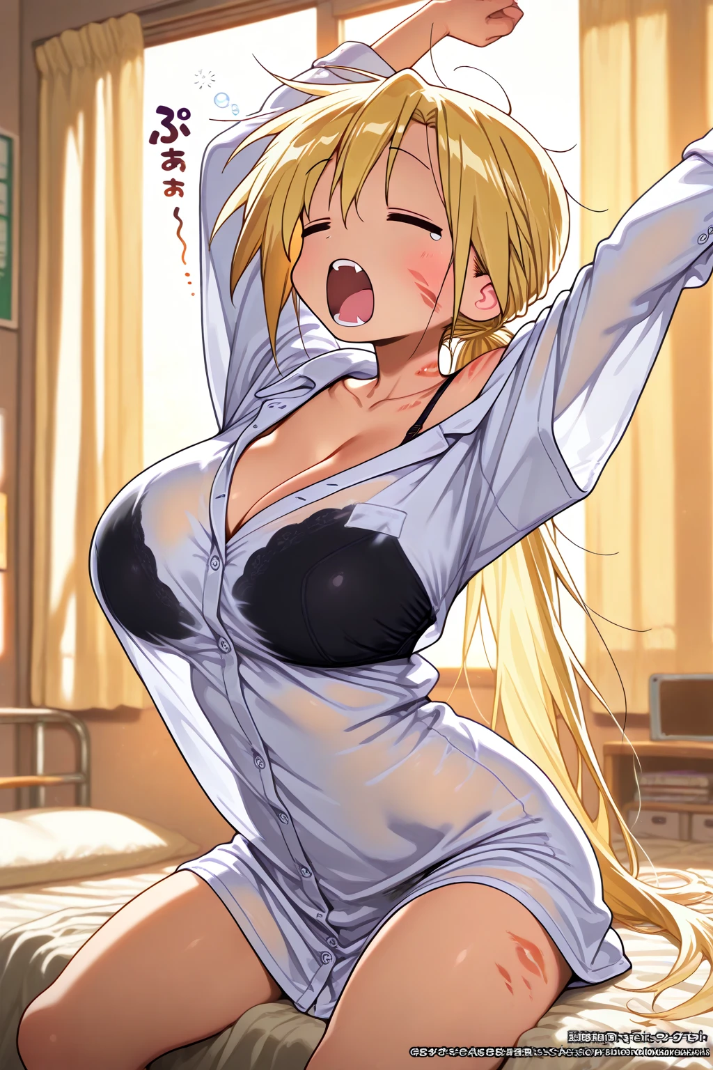{masterpiece, distinct_image, extremely detailed CG, beautiful eyes and detailed face,realistic, photo realistic, 4k, 8k, high_resolution,perfect_finger, (beautiful_detailed_eyes:1.3), glitter, white_light, (glow_white_face, front_light:1.3), summer_light{1girl, face_focus,cowboy_shot, looking for_in_viewer, front_view, standing, hand_on_own_cheek, (piece sign pose:1.6) },{adult, (huge_breasts, wide_hip:1.3), navel, skinny_stomach,tight_gap, groin, (white_short_sleeve_Cropped_top_button_shirt, tied_the_ends_of_the_shirt, sky_blue_tennis_skirt, school_uniform, cleavage, (The_most_perfectly_hidden_black_leopard_print_bra_in_a_white shirt:1.7), (tanning_skin, black_skin:1.6), pink_nails, gold earrings, black neck choke, white collar, golden bracelet :1.5),(yellow_hair, pink_eyes, long_hair, side_ponytail, slanted_eyes, bangs:1.4), (smiling face:1.3), sweat, white background}