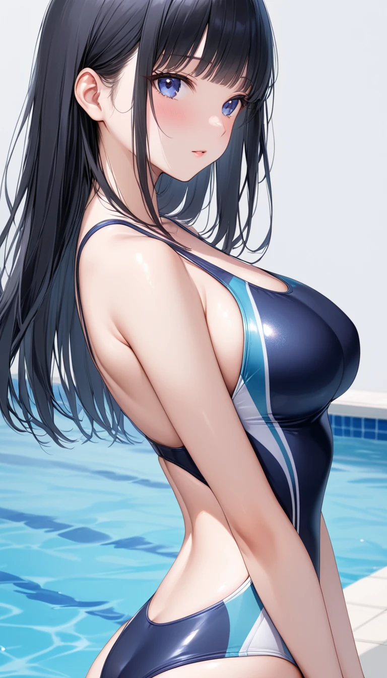 (4K,masterpiece,best quality,ultra detailed),nsfw,dynamic angle,center of frame,(daylight,bloom),female,(teenage),(medium hair,silky hair,straight hair,black hair),(beautiful detailed face,beautiful detailed eyes,finely detailed skin,beautiful big breast,medium beautiful medium hip,fair skin),light smile,shy,(one piece competition swimsuit),in a pool,