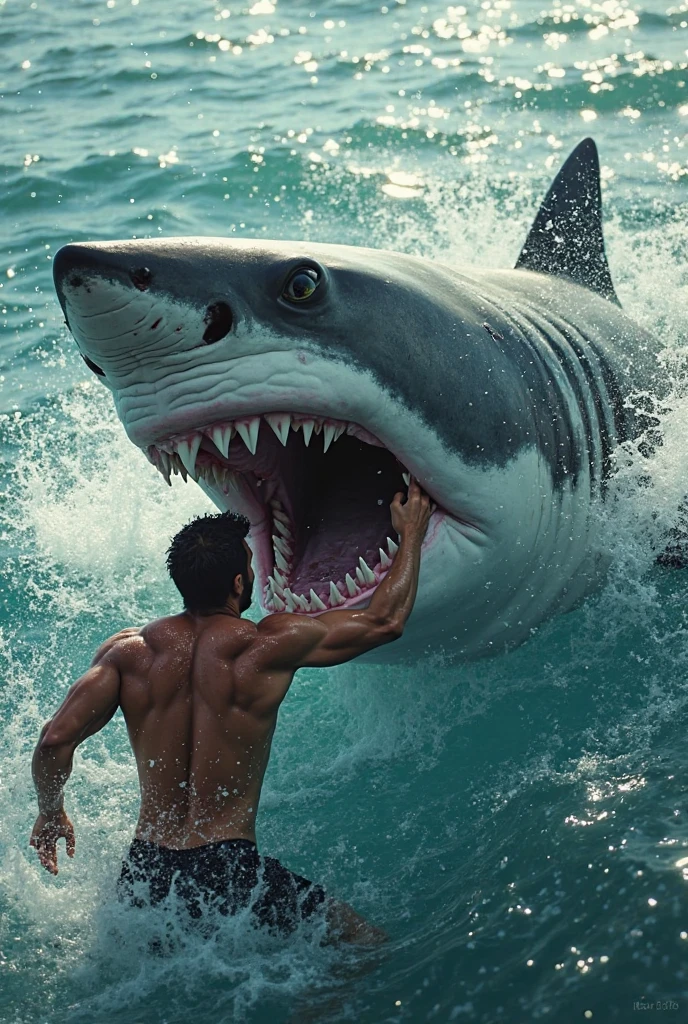 Strong man riding a tiger shark with blood and wounds, The man&#39;s face must be very clear. 