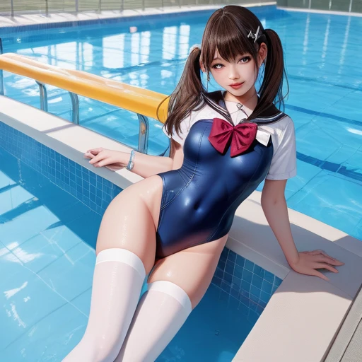 ((Highest quality)),(Ultra-high resolution),(Super detailed),(Detailed Description),((The best CG)),(masterpiece),Highly detailed art,(Art with precise details:1.5), (high school girl:1.4),(Beautiful and well-proportioned face:1.4),(Sailor suit:1.5),(Swimsuit:1.6),(smile:1.6), (In the classroom:1.4)