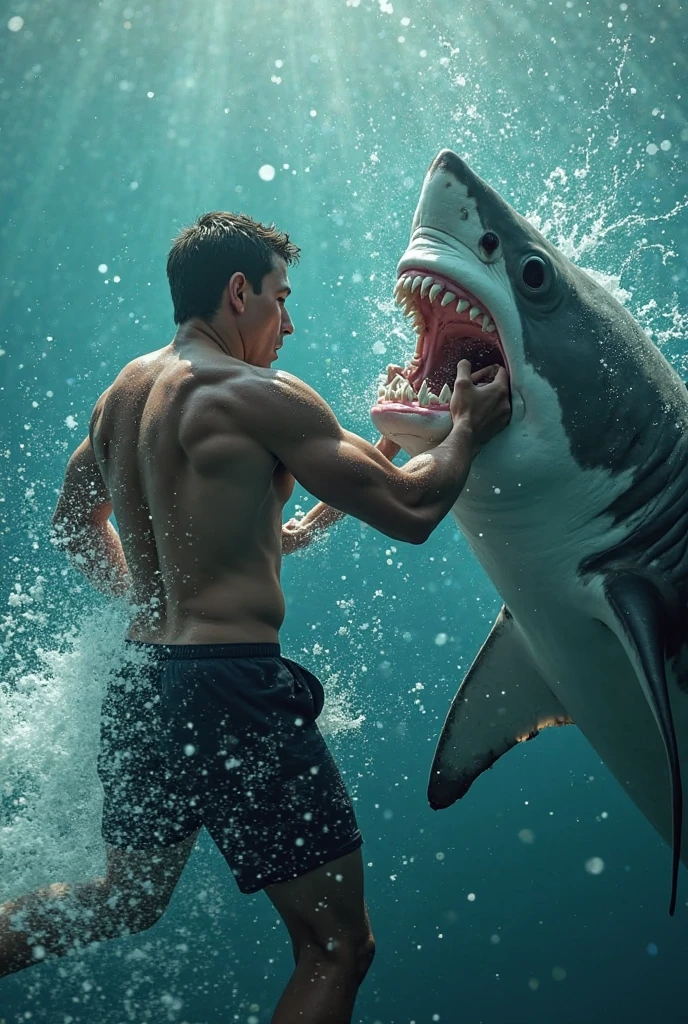 Strong man riding a shark with blood and wounds under the sea , The man&#39;s face must be very clear. 
