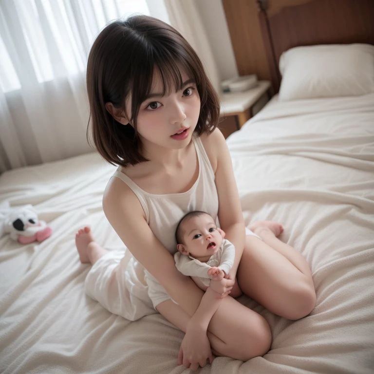 ((nsfw: 1.4)), ((8k, RAW Photos、top-quality, masterpiece)):1.4, (realisitic、Photorealsitic:1.37), natural soft light, photon maping, Radio City, ((1girl and 1baby:1.6)), japanese, femele, red hair, Detailed face, Detailed lips, detailedeyeore skin, perfectbody, shinny skin, (huge-breasted:1.2), slender body, ((A cute see-through nightgown with very short pleats, special occasion thong strip panties)), ((thick nipples, erection of nipple, show off nipple)):1.5, ((holding a baby, breastfeeling:1.6)), ((bed room))