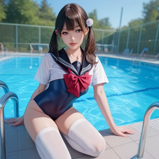 1 woman, HD quality, (ahegao:1.4), (orgasm:1.4), (drooling:1.3), (sheer white long thigh-high socks), (sheer white satin long gloves), (glowing eyes), best ratio four finger and one thumb, Large breasts, cleavage, (sitting on a poolside with one knee up:1.5), (showing pubic area:1.7), at night, Green eyes, (Crop Top white shirt:1.5), (Micro thong:1.5), (under boob:1.5), (Sailor uniform only for the upper body:1.5), blue sailor collar,(black high-heeled shoes), red ribbon tie