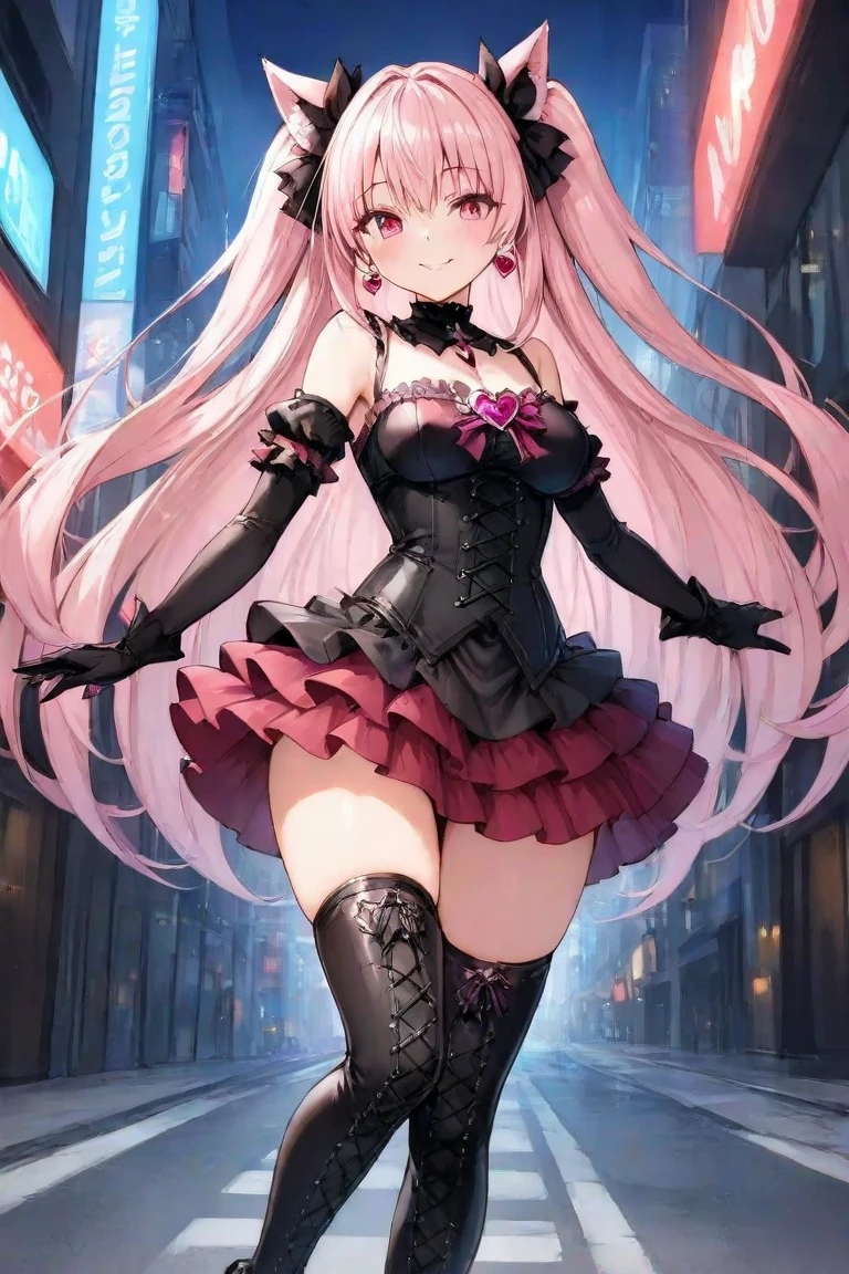 ((masterpiece)), ((Best Quality)), (ultra-detailed), ((extremely detailed)), 4K, (8K), best quality, top-quality, anime style,1girl, solo, The most detailed skin, (thick lines:1.2),  Chiffon blouse, velour suspender skirt, glimpse of lace underskirt, fishnet tights, ankle boots, velvet ribbon choker, long earrings with multiple piercings, //, Stunned expression, Girl with troubled face, Ecstasy, (sexual expression), smile, blush, Red face, //, large breasts, //,  Side braid style, Burgundy hair color, (beautiful eyes), pink-skinned, //, Alleyway after the rain, reflections of neon lights on the wet ground, dim buildings in between, nsfw
