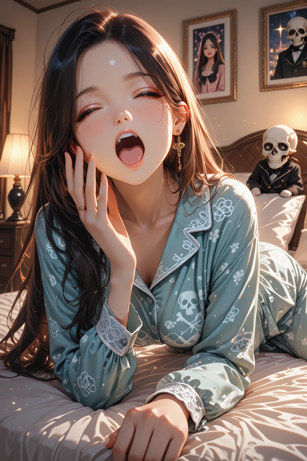 a 3d animation girl lying on her back, small breasts, on the bed, piercings, pain, agony, teenager, high school girl, pigtails, rapidly smoking cigarettes, sucking very hard on cigarette, deeply inhaling, the cigarette ash is growing very long, the cigarette ash is very long, SMOKE IN MOUTH, lots of cigarette ash