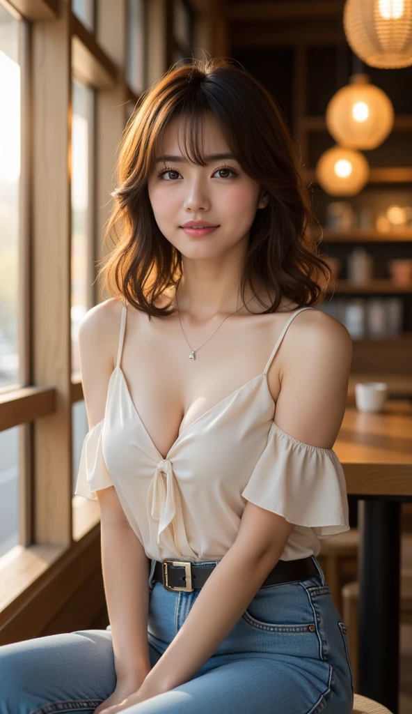 a beautiful girl, fair skin, ((short dark brown tiered hair)), v-neck with layers and bangs, brown eyes, soft features (best quality, ultra high resolution, 8k, RAW photo, ultra high resolution: 1.2, masterpiece: 1.3), (realistic, realism: 1.37), highly detailed, professional lighting, photon mapping, radiosity, physically based rendering, single girl, (high school girl), sharp focus: 1.2, beautiful woman: 1.4, cute, nice, lovely smile, normal chest, cross necklace, earrings, rings, (cleavage), ((short dark brown hair)), (cute smile with teeth showing) wearing a casual white blouse and a denim skirt, sitting on a stool at a coffee shop, holding a cup of coffee, soft lighting, warm tones, bokeh effect
