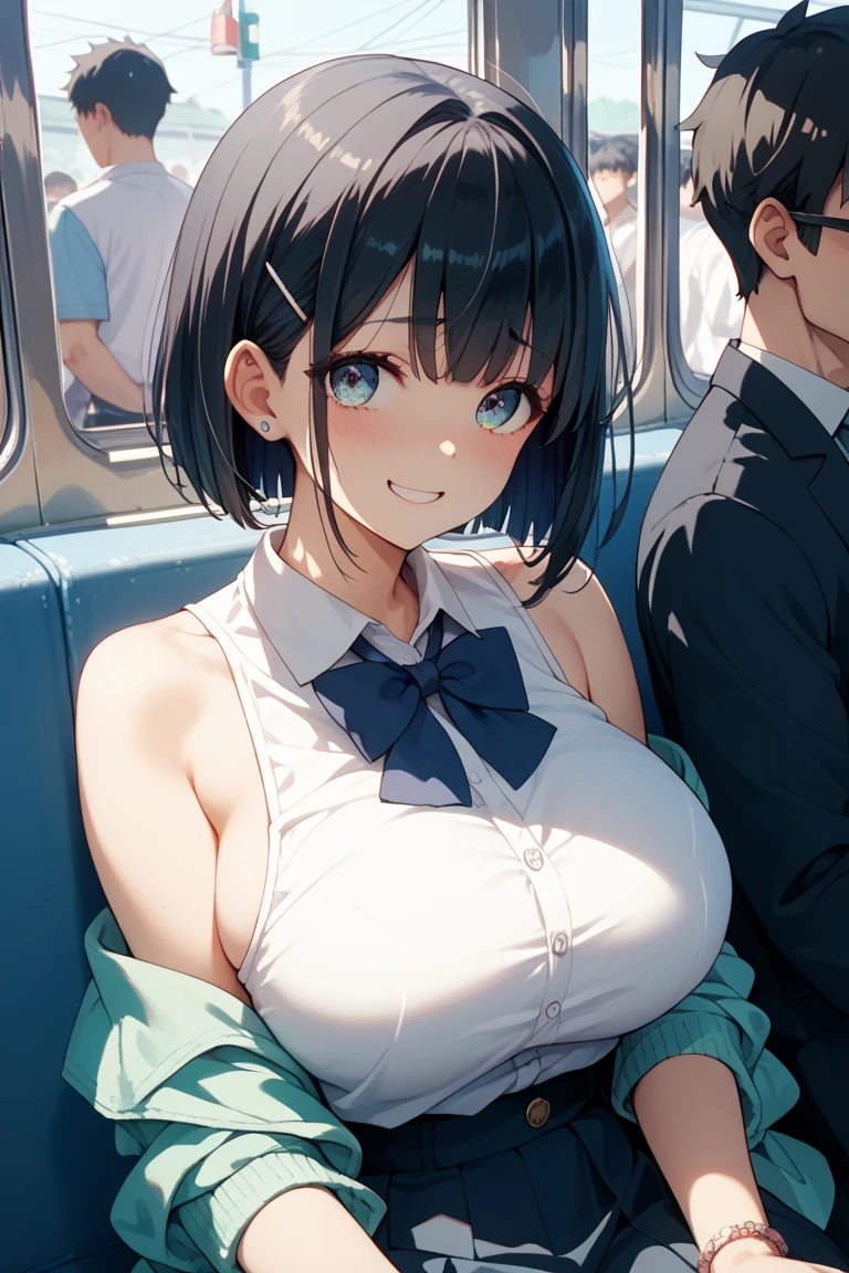 table top、High resolution、2 people、2 peopleの女の子、twins、2 peopleの可愛い女の子、big and full breasts、naughty body、underwear only、see-through、pink lingerie、throw、sit on the seat、Looking up at me、confused face、blush、black pantyhose、The shape of a woman's private parts is clearly visible、nipples are visible、navy checkered skirt、micro mini skirt、very short skirt、trainの中、train、molestation、A man touches my body、a lot of people、in the crowd、man sitting next to、A man also touches my thighs、open your legs、no panties