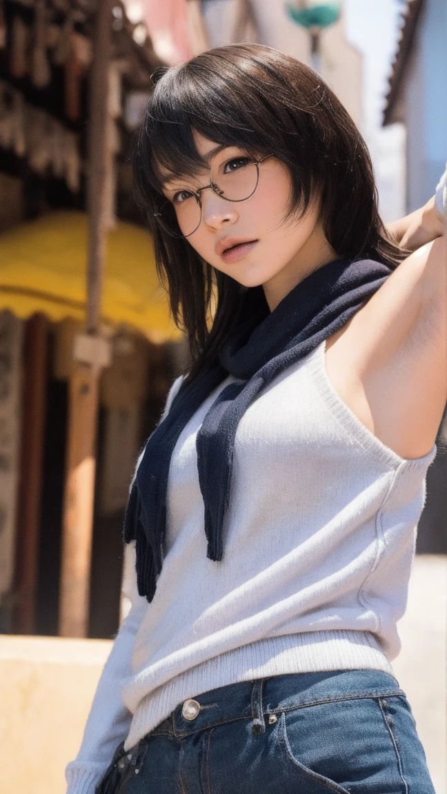 Photorealistic, masutepiece, Best Quality, Raw photo, 1girl in, Solo, Long hair, Brown hair, Detailed face, alluring face, Sweater that kills virgins, medium breasts, Dynamic Pose, Looking at Viewer, From below, Detailed background, fine detailed, intricate detailes,  Ray tracing, depth of fields, lowkey, nffsw,  naked portrait, nude photography, shiny nipple, show armpit 