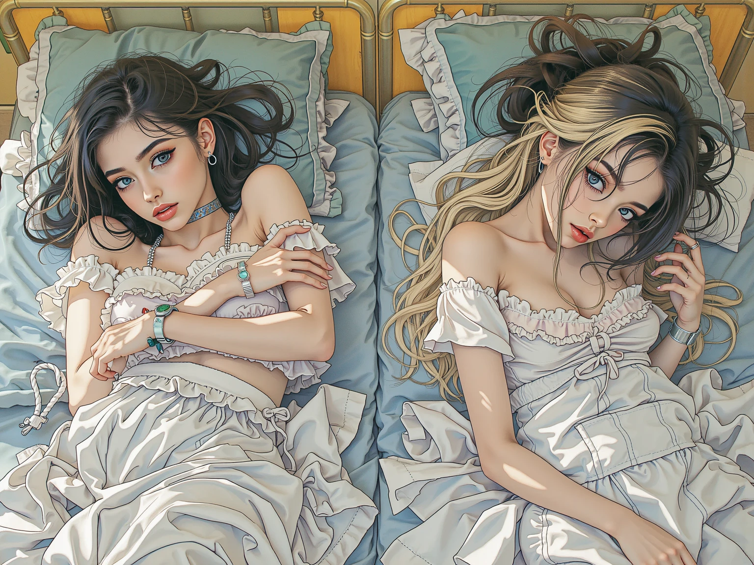 two beautiful Japanese girls in bed. A girl with yellow hair hugging a girl with dark brown, short hair. The girl with dark brown hair has her right eye open and left eye closed.