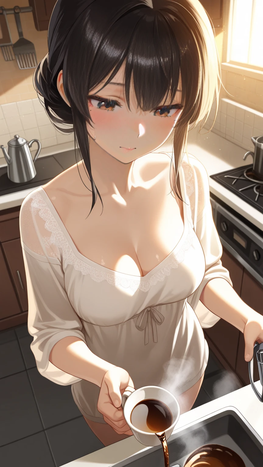 masterpiece, yor, 1girl, Amazing Cleavage:1.3, thin waist, big ass, Raised sexy, medium breast: 1.8 posed cleavage:1.2、solo, looking at viewer, open mouth, have a cup of coffee,black hair, red eyes, dress, bare shoulders, jewelry, collarbone, sidelocks, hairband, earrings, indoors, off shoulder, :o, sweater, arms behind back, plant, short hair with long locks, white hairband, off-shoulder dress, sweater dress, off-shoulder sweater, red sweater, big side hair, very long side hair,is rendered in (masterpiece: 1.2, best quality), with (ultra high resolution) and an exquisite (depth of field). This masterpiece is not only visually stunning but also tells, teach of cooking ,in the kitchen