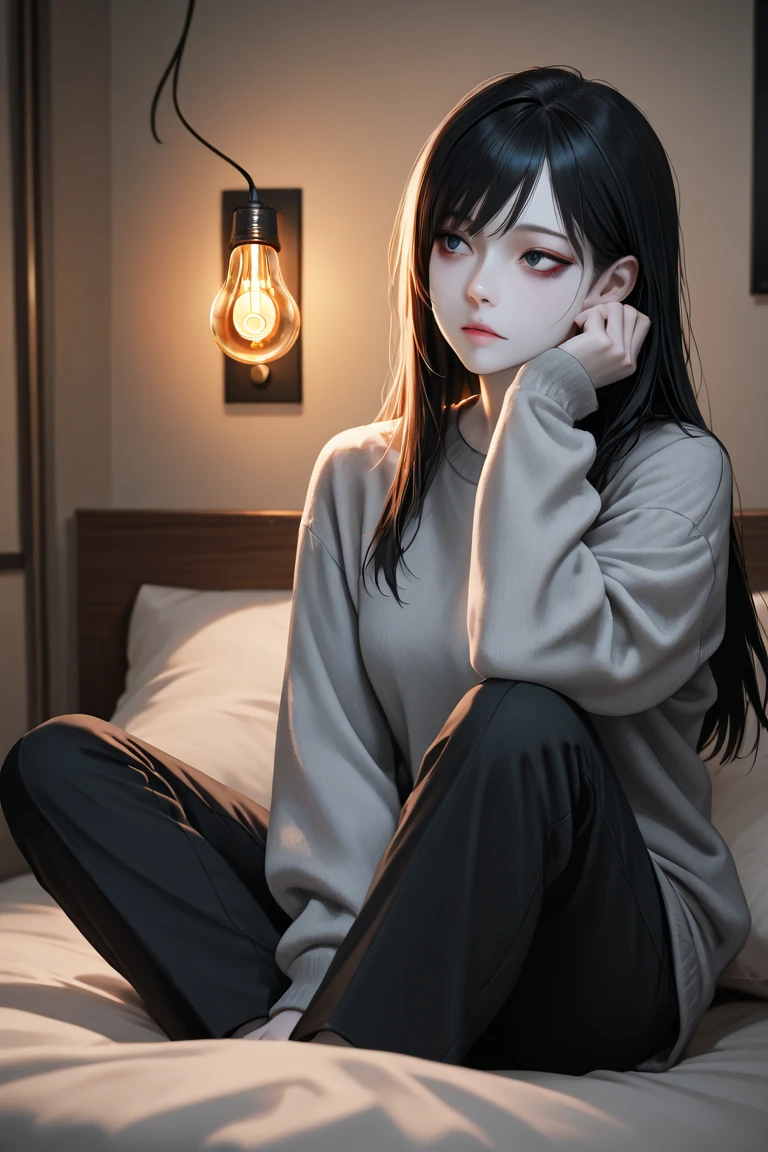 1 tall woman, big breasts, with red eyes, long black hair, a tracksuit, short pants, and slippers, inside a dark apartment, sitting on a couch, night time, deem, carpet, table, tiny window, looking at the TV, wooden floor, white dirty walls, food on the table, night time, Japanese house set-up, suspenseful atmosphere. dark setting, dark apartment, dark lighting, suspense atmosphere, night sky, complete darkness, detailed eyes, close-up picture