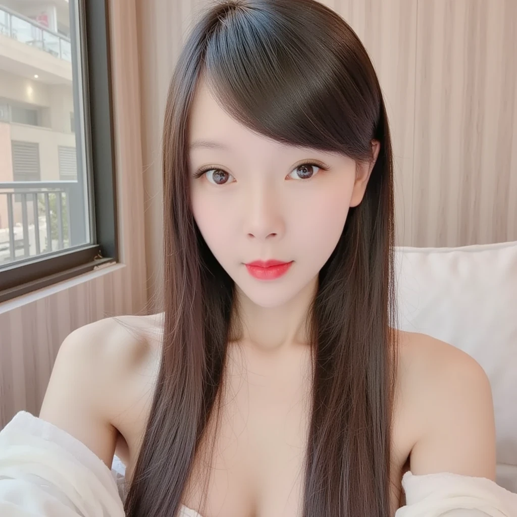 22 years Old young South Korean woman, beauty face, Cute face, Sweet face, thin, long sleek Straight hair style, lipstick, naked, night, Girl With a perfect figure
