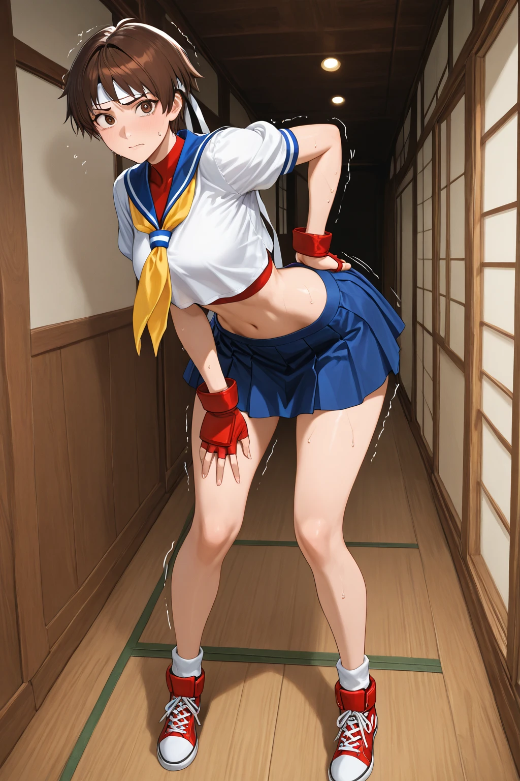 (Hinata Wakaba jumping open thighs),shoot from below,headband, white shirt, bow, Blue Vest, pleated skirt, fingerless gloves, socks,School Sky,white panties,