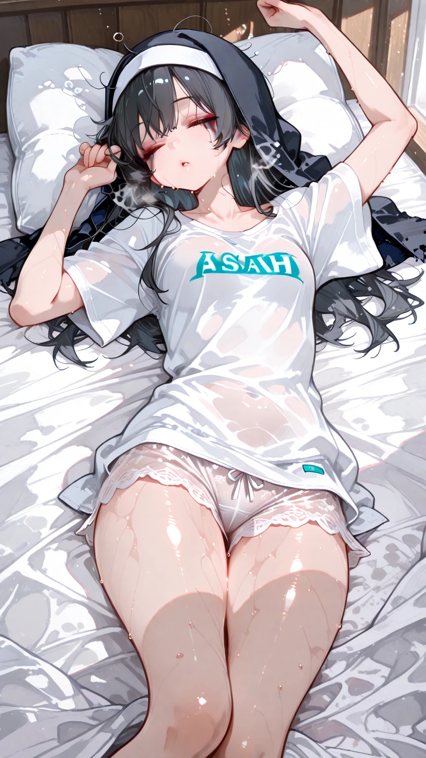 asura art style, score_9, score_8_up, score_7_up, score_6_up, uncensored, michiko tanaka, long hair, black hair, hair ornament, forehead mark, yellow eyes, BREAK (masterpiece:1.2), best quality, high resolution, (detailed eyes:1.3), perfect lighting, (perfect hands, perfect anatomy), heart, pleasured, medium breasts, thighhighs, shirt, on_back, lying, pillow, solo, looking_at_viewer, clothes_writing, white_shirt, breasts, highleg, mole, hand_on_own_chest, black_legwear, short_sleeves, covered_navel, t-shirt, on_bed, excessive pubic hair peek, seductive smile, blush face, upper teeth, gasping, heavy breathing, sweating,