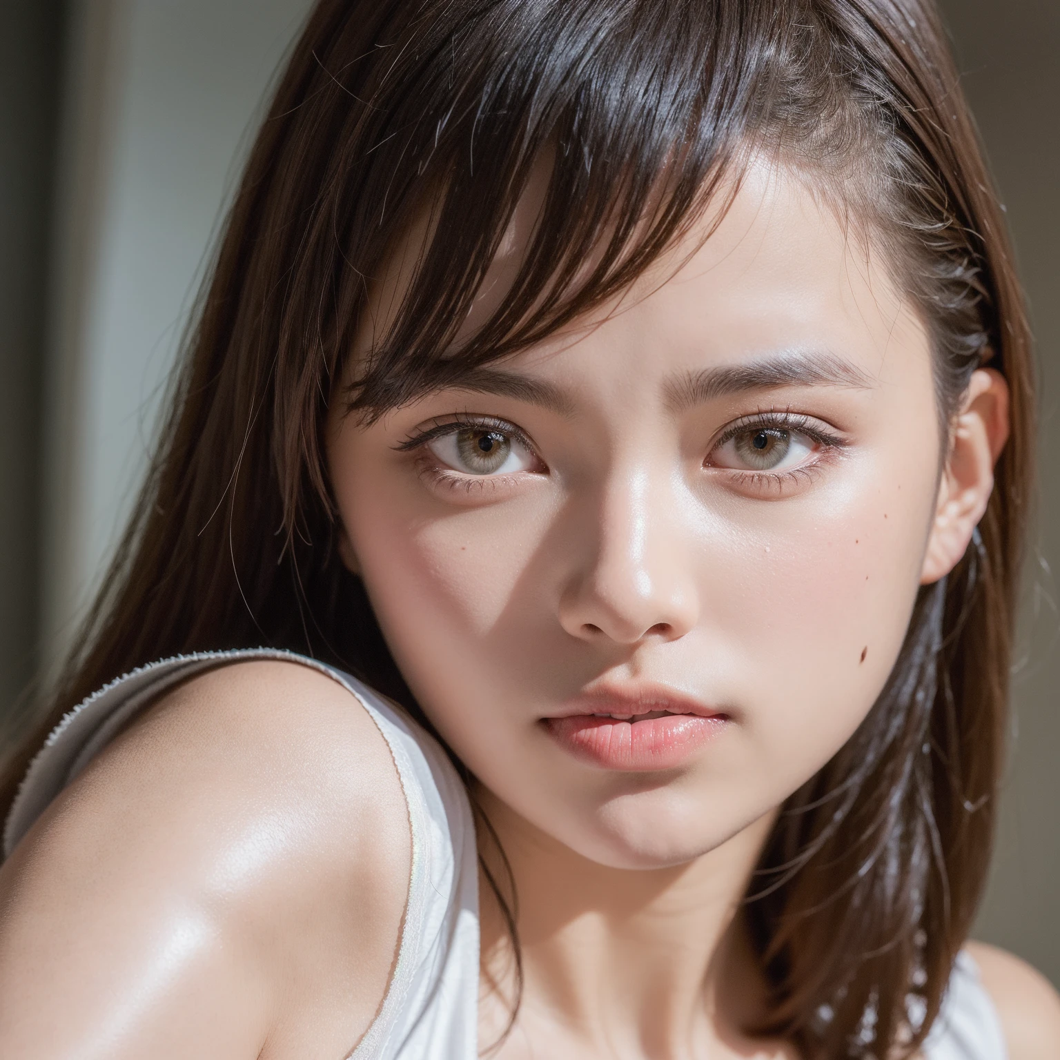 (Best-quality, Masterpiece, Ultra-High-Resolution, (Photorealistic:1.4), Raw Photo,  depth of field, professional lighting, perfect anatomy, extremely details), 1girl, the most famous Japanese idol, face focus, close-up of face,((completely-drunk):1.5), ((extremely cute face like the most popular Japanese idol, ((extremely cute and extremely big black-eyes)), extremely cute hair)), (((extremely beautiful and extremely realistic skins))), extremely cute long-eyelashes, extremely cute lips