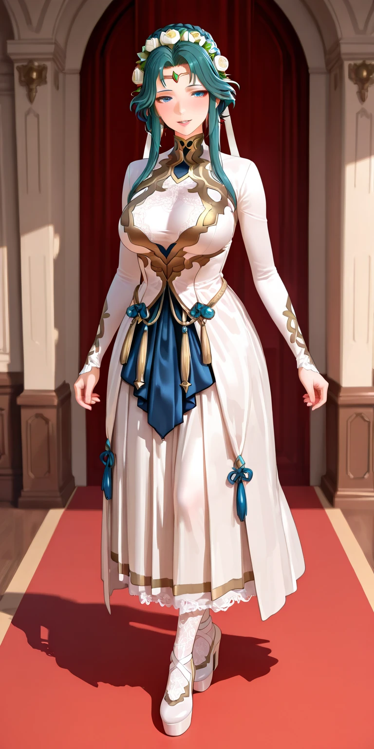 highres,absurdres,masterpiece,best quality,original,extremely detailed CG,extremely detailed wallpaper,perfect lighting,looking at viewer,bare hands,standing on stage,1girl,blurry background,
<lora:ShadowverseRetrafiaV1:0.5>, blonde hair,blue dress,cleavage,elbow gloves,detached sleeves,capelet,detached collar,white skirt,bare shoulders,headwear,