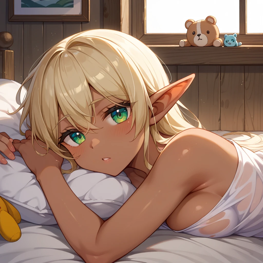 elf, blue eyes, blonde hair, long hair, sweat, steaming body, steam, steamy, smell, hot, breath, heavy breathing, elf princess, messy hair, masterpiece, high quality, 4k, raytracing, large eyes, perfect face, absurdres, highly detailed, armpit hair, hairy armpits, blonde armpit hair, armpit hair peek, nude, large breasts, spoken heart, nipples, pov, pov across bed, bed, blanket, night, pillow, bedroom, cuddling, lying down, aftersex, smile, happy, on side