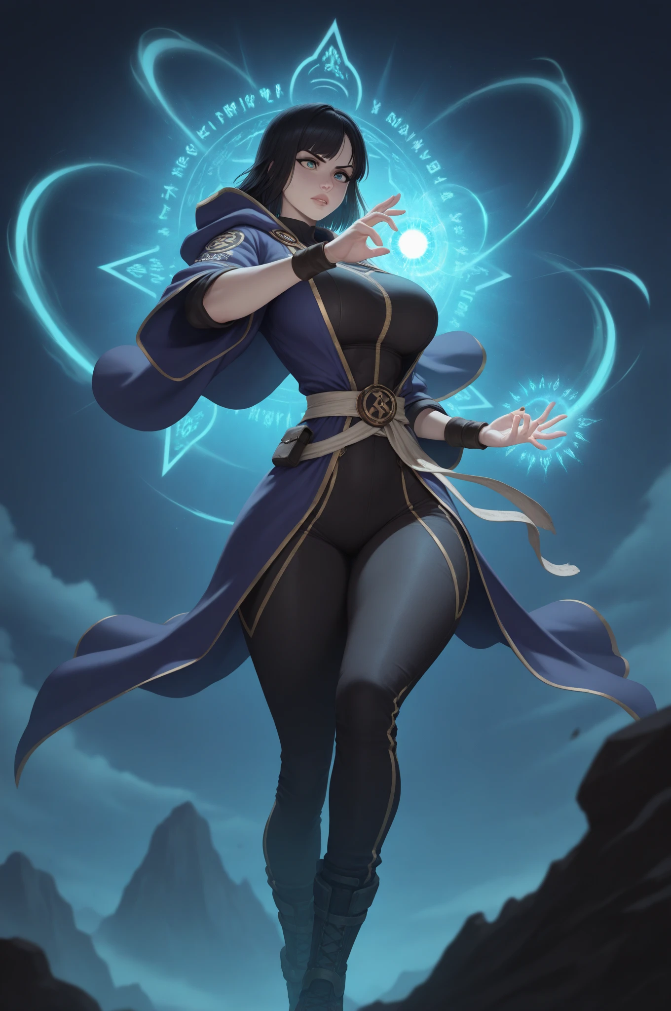 4k ultra high quality, human woman, sharp blue eyes, round face, small slightly upturned nose, curious expression, shoulder length blue-black hair, wearing modest blue dress, wearing a very big oversized blue wizard hat and spectacles holding out a sword