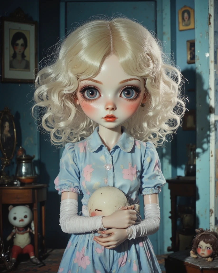 Blythe the doll with blue eyes and has long blonde hair, little faery doll, shiny eyes, in the style of carl zeiss distagon t* 80mm f/2.8ze, dollcore, light pink and grey, meticulous design, abrupt, dreamlike scenario, canberrycore, lori early, aurorpunk, dreamlike hue