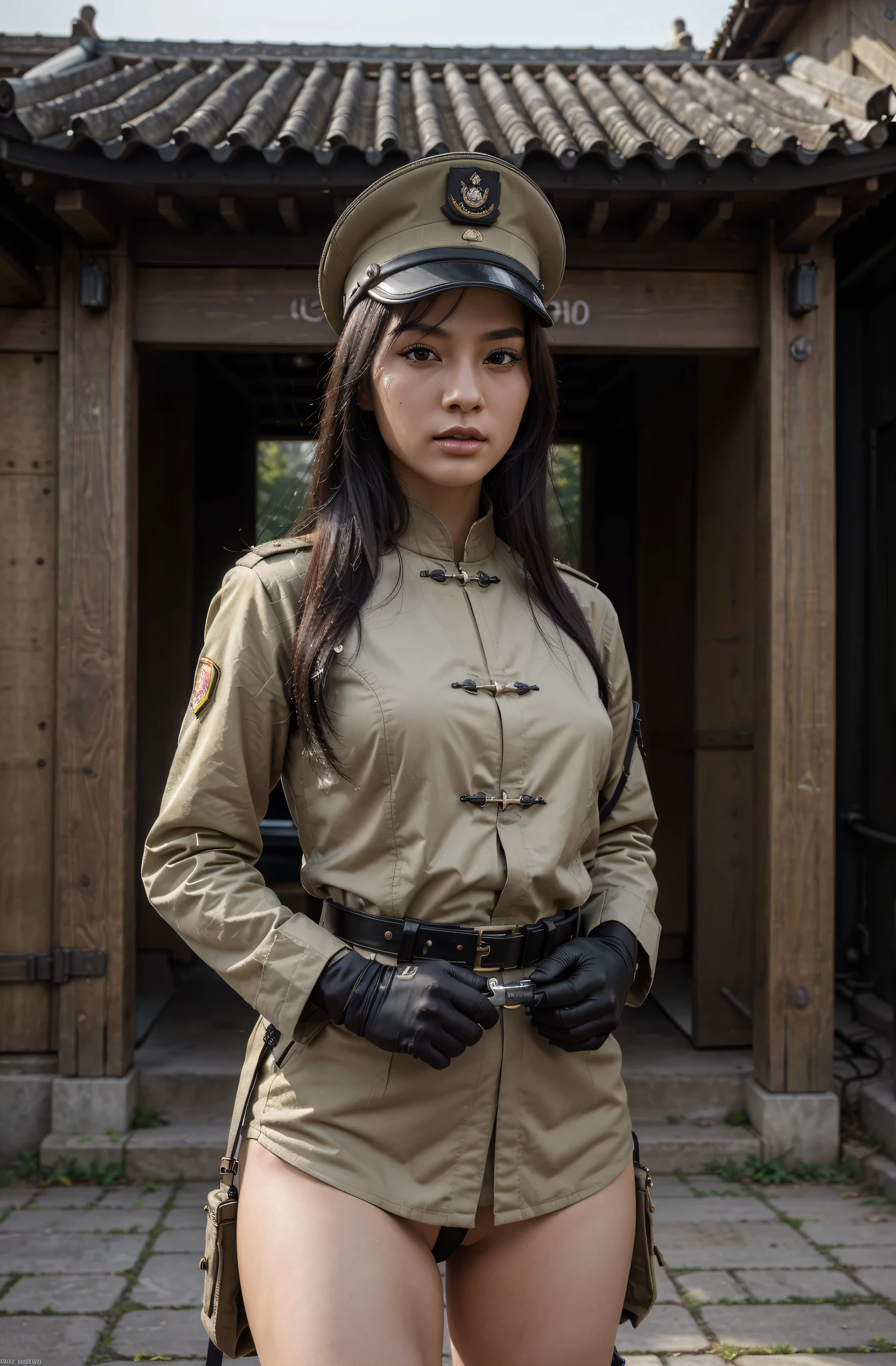 Very beautiful female soldier, Chinese characteristics, Highly detailed face, long black hair, military hat, Black military uniform, Belt with ammunition, Harnesses, carries a rifle, Highly detailed hands, Hands with black gloves, is in a Chinese military installation, exterior , ultrarealistic, 4k, Ultra detailed image, realistic, Highly detailed, perfect composition, gorgeous, Intricately detailed, incredibly detailed, Art photography 8K, hyper detailed, Masterpiece, Ultra detailed, hyper realistic, 4k, Ultra detailed image, realistic, Highly detailed , perfect composition, beautiful, intricately detailed, incredibly detailed, art photography 8k, hyper detailed, masterpiece