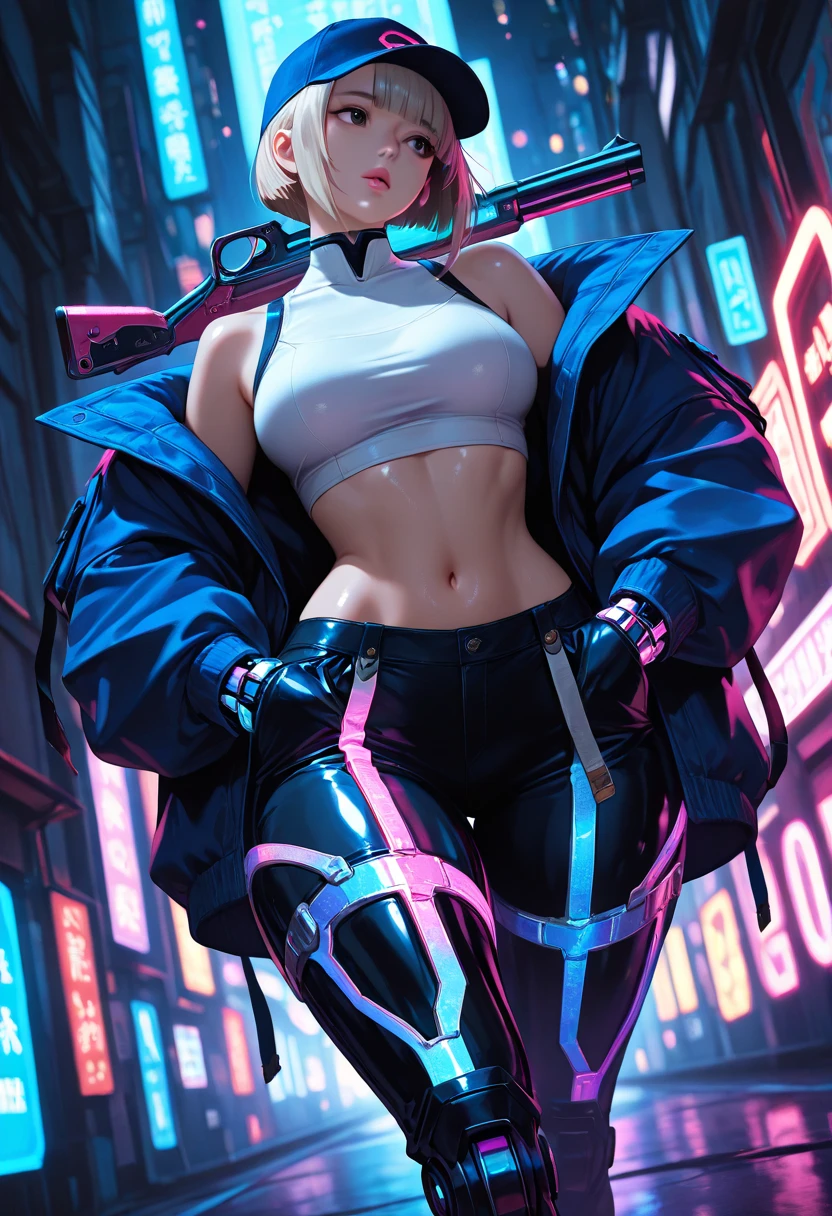 (((oaka_studio))), ((Best quality)), ((masterpiece)), (detailed: 1.4), (Absurd), Woman body set thick thighs parts of the covered by technological clothing, (((large breasts)) perfect, generous neckline, pastel, short blonde hair with red locks, short underwear, garter belt, futuristic sunglasses, sucking on a lollipop, short mini skirt, cybernetic hand, neon Genesis evangelion, by mucha, niji, near the real,  best quality, almost naked, psychopath, crazy face, action pose, harlequin, cat eyes, starry night, outfit with drawing of a shark's mouth from the P40 plane of the second war, tattoos of an octopus on the arms, dark orange bra with white stars, stars covering the breasts, HDR (High Dynamic Range),Ray Tracing,NVIDIA RTX,Super-Resolution, Unreal 5,Subsurface Dispersion, PBR Texture, Post-processing, Anisotropic Filtering, Depth of Field, Maximum Clarity and Sharpness, Multilayer Textures, Albedo and Specular Maps, Surface Shading, Accurate Simulation of Light-Material Interaction, Perfect Proportions, Octane Render, Two-Tone Lighting, Wide Aperture, Low ISO, White Balance, Rule of Thirds, 8K RAW