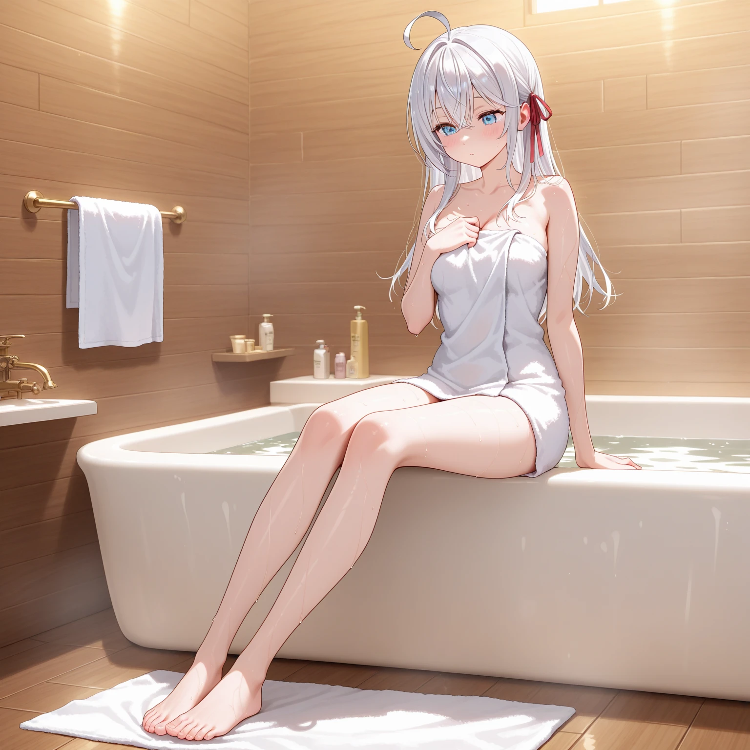 masterpiece, best quality, 1girl, naked towel, silver hair, blue eyes, elf, long braid, sitting, (steam), looking at viewer, sauna, medium breasts, relax, light smile, sweat, towel,