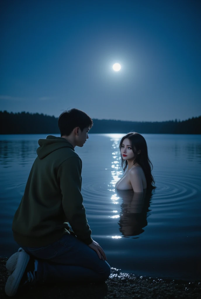 Aile, a 17 year old girl, long dark black hair, clear skin, big brown eyes, slim appearance, Red lips, with big chest and daniel a 19 year old boy, White hair, White skin, marked chest, tall. Daniel and Aile are kissing in the river under the moonlight with fireflies around